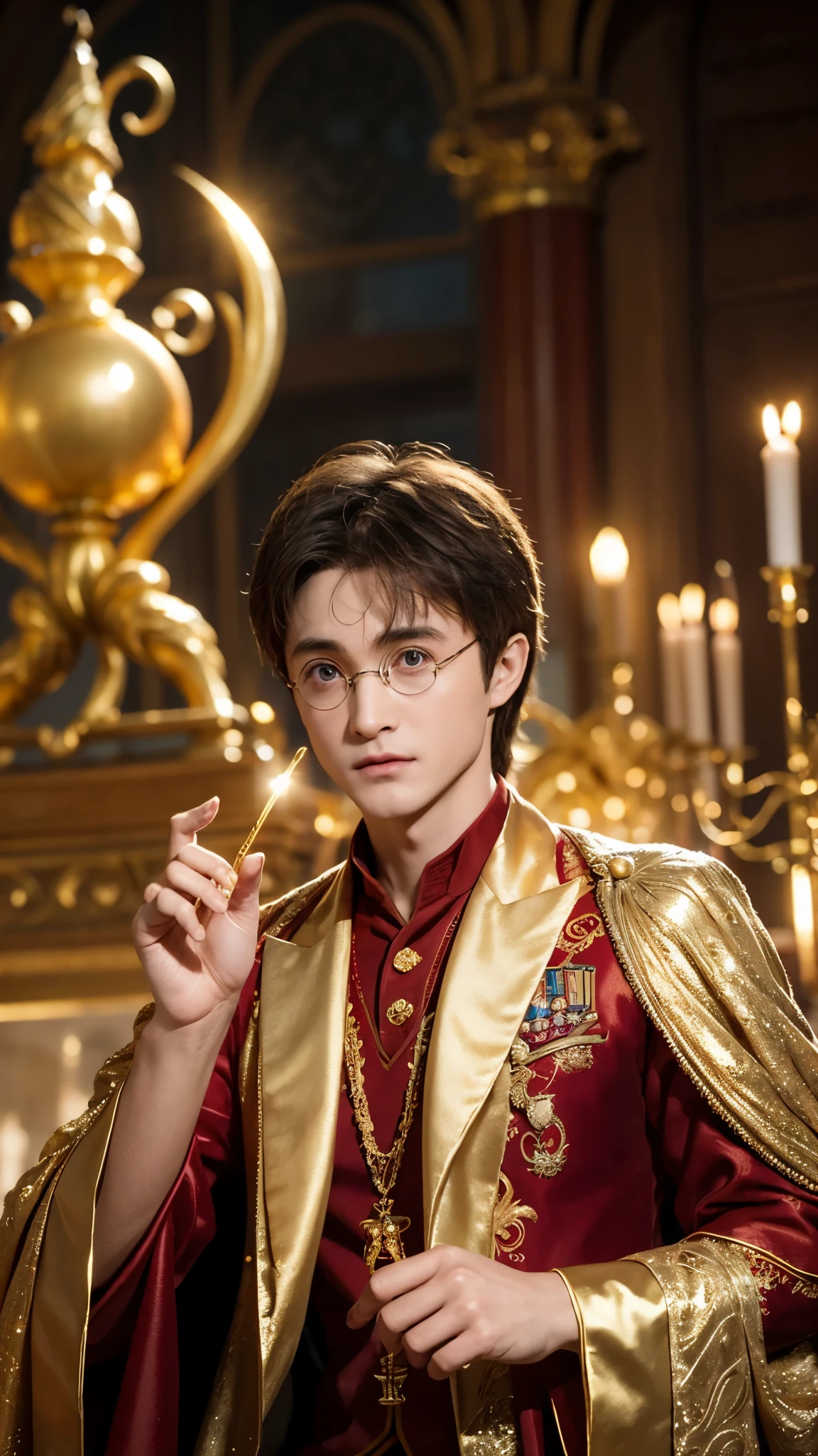 Harry Potter with golden skin, muscular body, naked upper body, nothing on upper body, golden ornaments, fancy clothes, Hogwarts in background, golden king, Harry Potter the emperor of gold, glasses, depiction in center, crowd in background, golden effects, golden magic, high quality, Harry Potter the god of destruction and carnage,