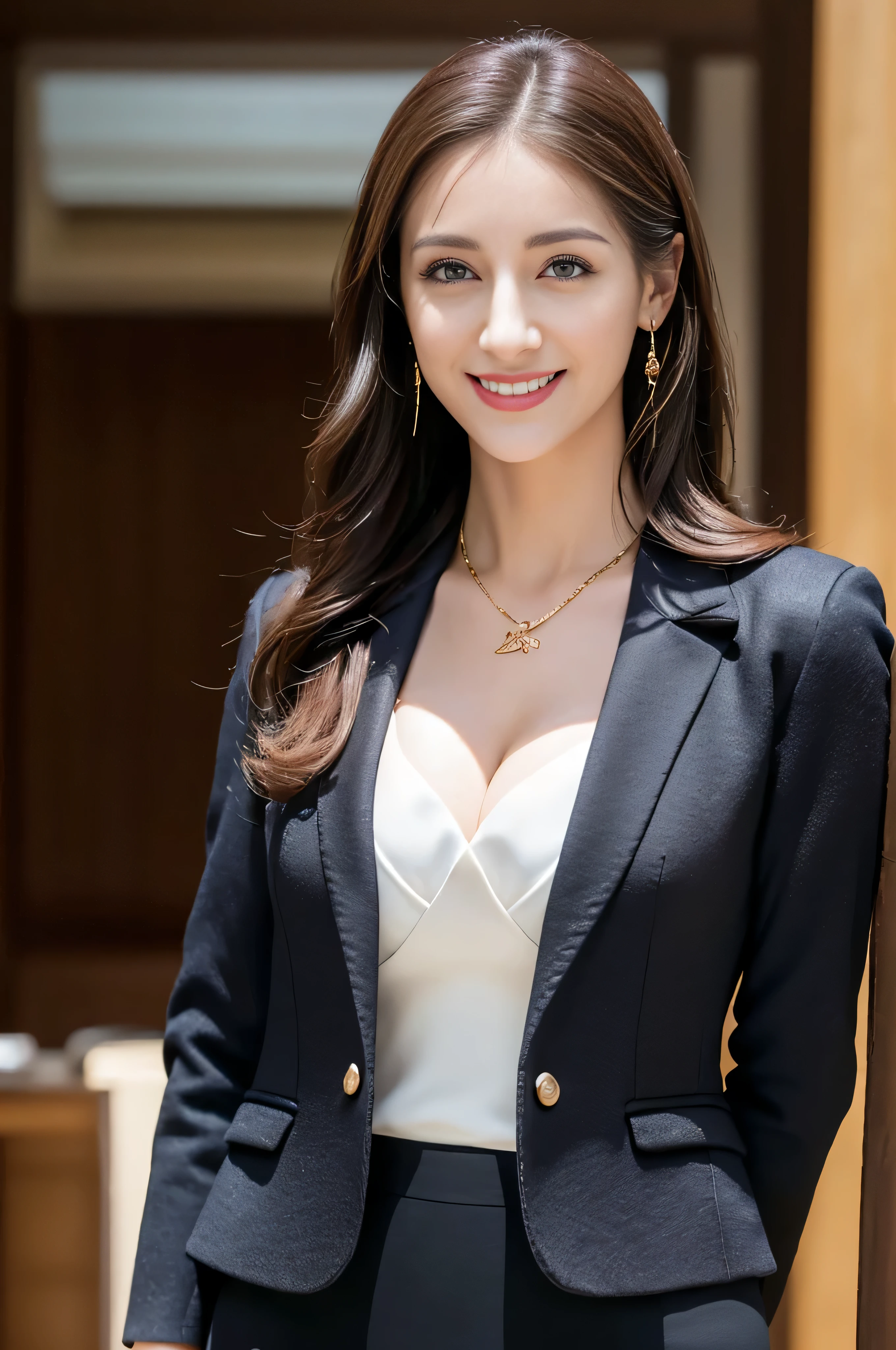 ((Highest image quality、8K、masterpiece:1.3))、1 girl、smile、Full body Esbian、slim face、cute woman、(dark brown hair)、super detailed face、detailed eyes、double eyelid、blurred background、slim face、city_super long brown hair、big breasts、full body shot、on the hotel bed、loose wavy hair、gold necklace_Large earrings、No facial expression、full body shot、Standing gracefully、cleavage、(tailored_Blazer_dress:1.5),(pointed_mule:1.4),(blazer jacket:1.4)、(pencil skirt:1.4、Jaqueta de Curro:1.3)、(Women's Suits:1.3)(FULL BODYSHOT:1.4)looking at viewer,