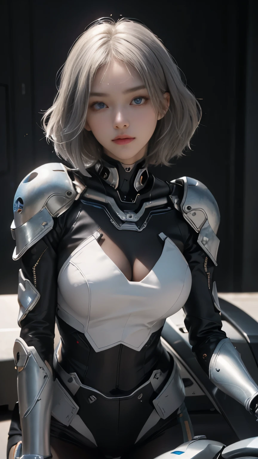 Highest image quality, outstanding details, ultra-high resolution, (realism: 1.4), the best illustration, favor details, highly condensed 1girl, with a delicate and beautiful face, dressed in a black and silver mecha, wearing a mecha helmet, holding a directional controller, riding on a motorcycle, cool beauty,tall girl,short hair,silver hair,Precisely expresses details such as face and skin texture,beautiful eye, blue eye,double eyelid,delicate skin,slender body shape,alone,big breasts,the background is a high-tech lighting scene of the future city.