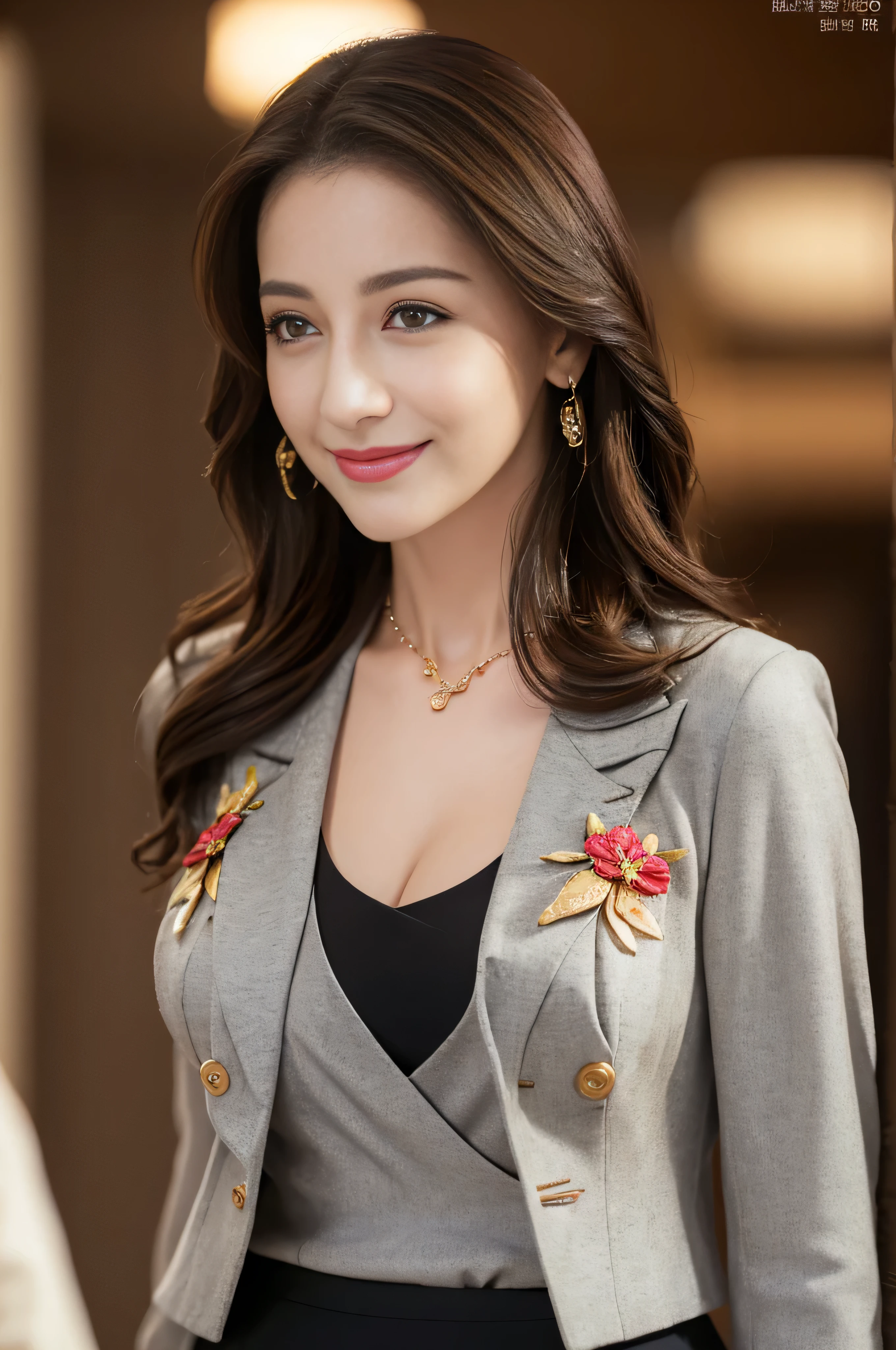 ((Highest image quality、8K、masterpiece:1.3))、1 girl、smile、Full body Esbian、slim face、cute woman、(dark brown hair)、super detailed face、detailed eyes、double eyelid、blurred background、slim face、city_super long brown hair、big breasts、full body shot、on the hotel bed、loose wavy hair、gold necklace_Large earrings、No facial expression、full body shot、Standing gracefully、cleavage、(tailored_Blazer_dress:1.5),(pointed_mule:1.4),(blazer jacket:1.4)、(pencil skirt:1.4、Jaqueta de Curro:1.3)、(Women's Suits:1.3)(FULL BODYSHOT:1.4)lace breasts, large loose open chest, get glimpses of breast,Buttons up to the middle of the shirt:1.2)、(Floral blouse)、(Blouse with ribbon:1.1)、