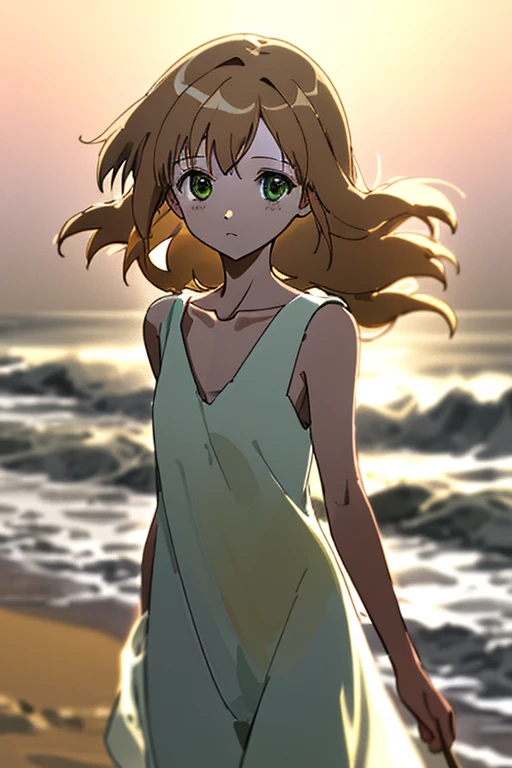 illustration/ 1 girl/ very rough sketch/ Thin line/ A girl in a White one-piece dress walks along a beach at dusk in the twilight/ face focus/ looking at viewer/ Beautifully detailed and drawn face/ Black straight long hair/ Each hair is painted in detail/ messy hair/ Light leaks from between the hair/ ((brown eye's))/ ((highlight eye's))/ catch light eyes/ specular highlight eyes/ collarbone/ (sleeveless one-piece)/ A background painted in a rough and sketchy color scheme/ Bokeh/ Blurred Backgrounds/ depth of field/ Backlight/ Cinematic lighting/