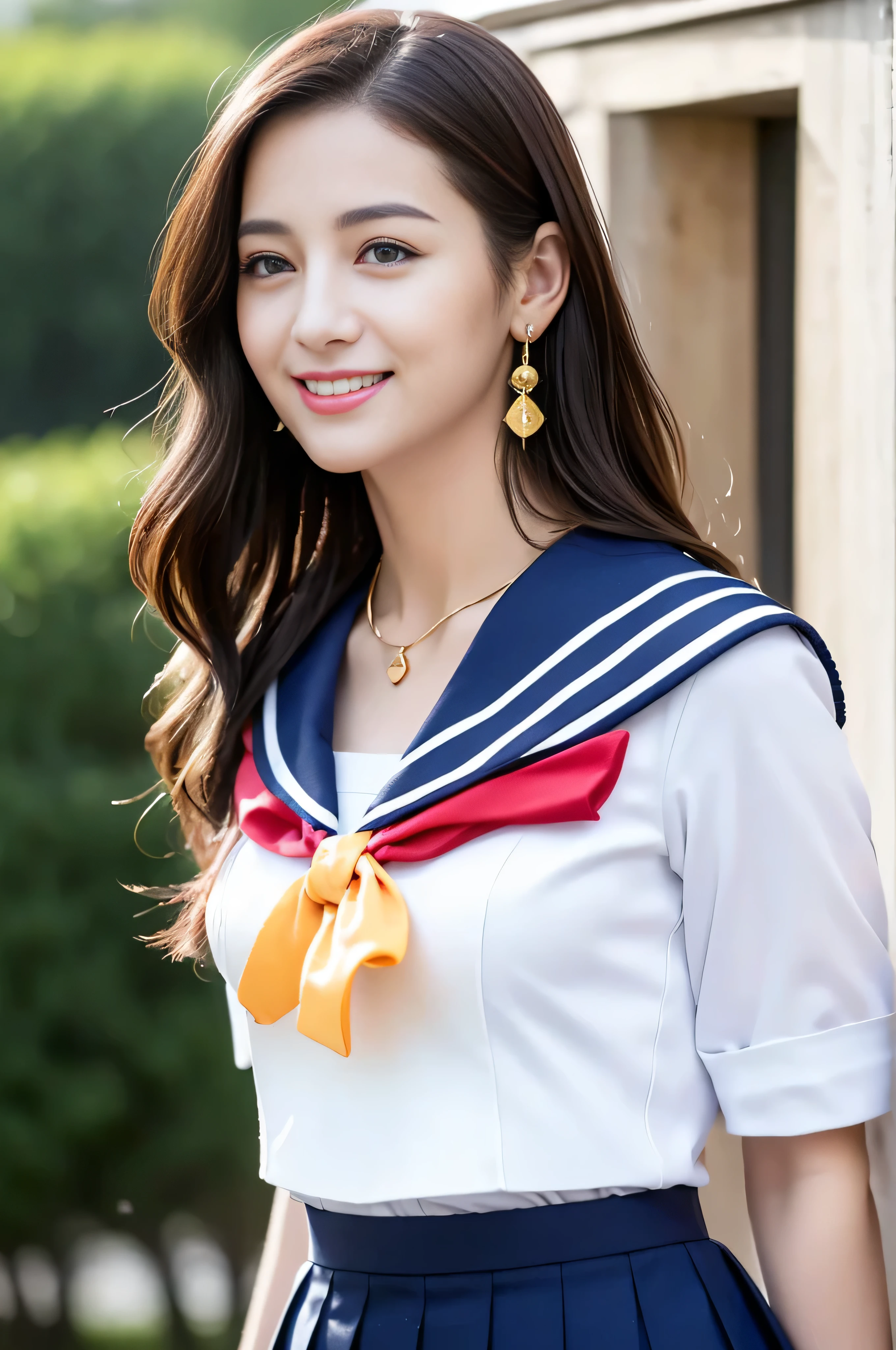 ((Highest image quality、8K、masterpiece:1.3))、1 girl、smile、Full body Esbian、slim face、cute woman、(dark brown hair)、super detailed face、detailed eyes、double eyelid、blurred background、slim face、city_super long brown hair、big breasts、full body shot、on the hotel bed、loose wavy hair、gold necklace_Large earrings、No facial expression、full body shot、Standing gracefully、cleavage、((high school uniform_white sailor suit_pleated mini skirt))