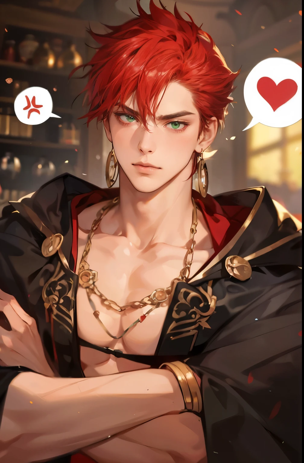 1boy, male wizard, adult male, handsome and tall, {red hair, green eyes, sanpaku, wizard, angry, blush, tsundere, holding a bouquet}, looking at viewer, spoken heart, collarbones, jewelry, potions room background, portrait, official art, dramatic angle, ray tracing, dramatic lighting, art style, an extremely delicate and beautiful, best quality, ultra-detailed, absurdres, depth of field