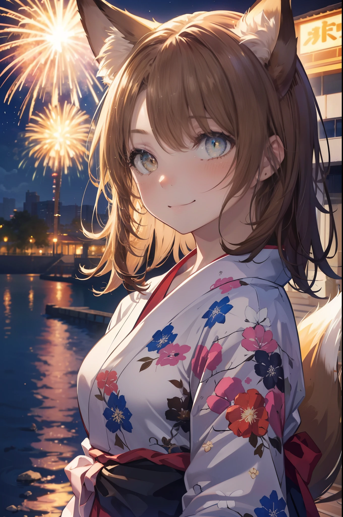 irohaisshiki, iroha isshiki, long hair, brown hair, (brown eyes:1.5), smile,blush,animal earsの綿毛, animal ears, fox ears, fox girl, Fox tail, brown hair, tail, yellow floral pattern yukata,long skirt,Fireworks in the night sky,fireworks,The place is a fireworks display,Time is night,sunny day,whole bodyがイラストに入るように,whole body,Sitting on the steps of a shrine and lighting sparklers,
break outdoors, festival,
break (masterpiece:1.2), highest quality, High resolution, unity 8k wallpaper, (figure:0.8), (detailed and beautiful eyes:1.6), highly detailed face, perfect lighting, Very detailed CG,(Beautiful detailed eyes:1.6), extra detailed face,  extremely details CG, 