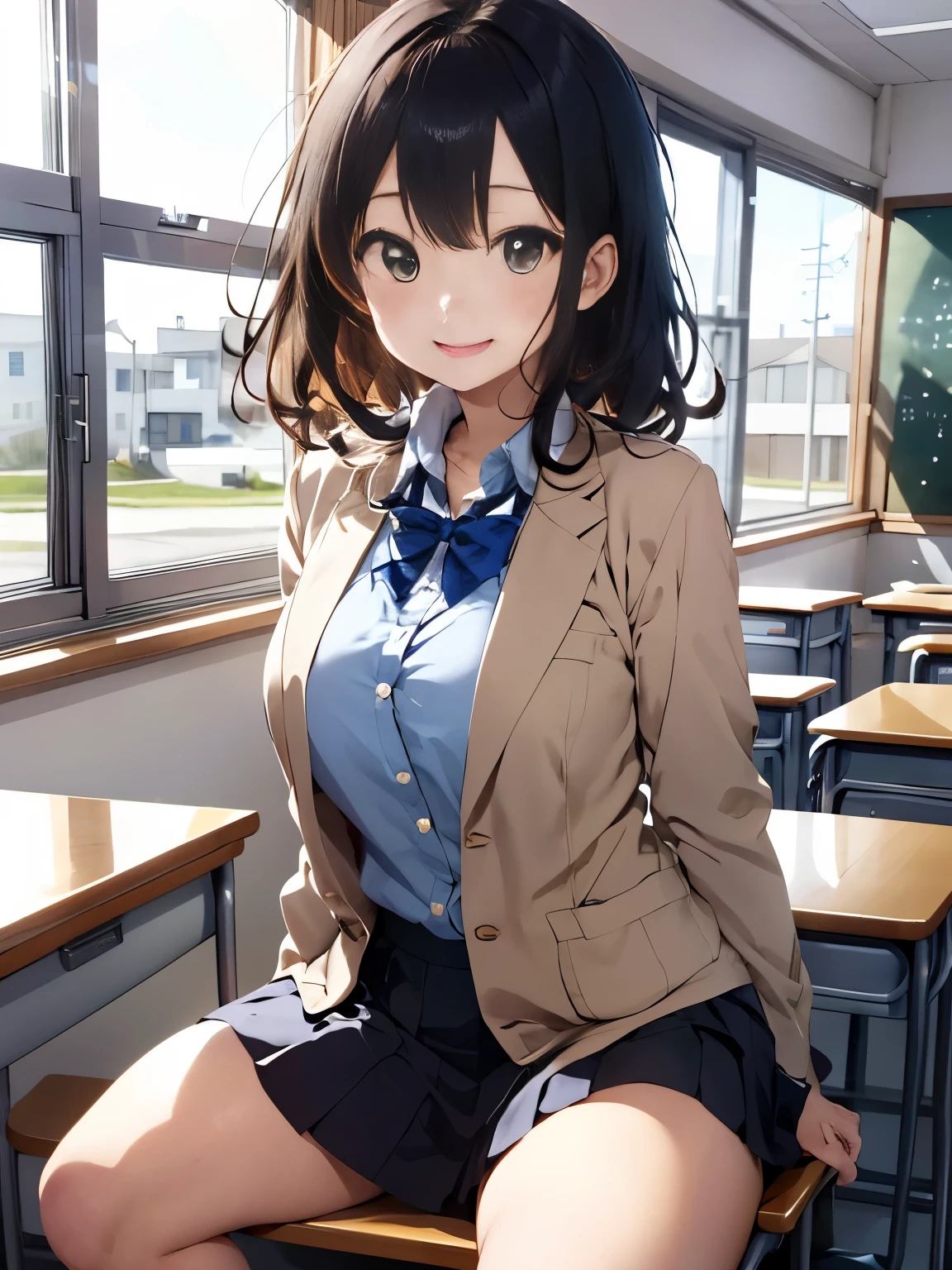 highest quality, japanese girl, 8k, RAW photo, top quality, 1人の美しいjapanese girl, 18-year-old,japanese idol, gal、curly hair、charming smile、My heart flutters、Breasts out、cutting of、emphasize、overflowing from the uniform、big breasts, (sitting on the desk:1.1), (school uniform,beige blazer,brown skirt), (spread your legs:1.2),
(school classroom background:1.1)、