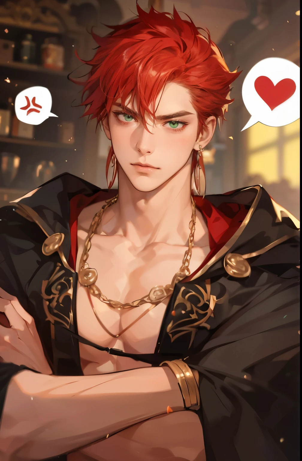 1boy, male wizard, adult male, handsome and tall, {red hair, green eyes, sanpaku, wizard, angry, blush, tsundere, holding a bouquet}, looking at viewer, spoken heart, collarbones, jewelry, potions room background, portrait, official art, dramatic angle, ray tracing, dramatic lighting, art style,  an extremely delicate and beautiful, best quality, ultra-detailed, absurdres, depth of field