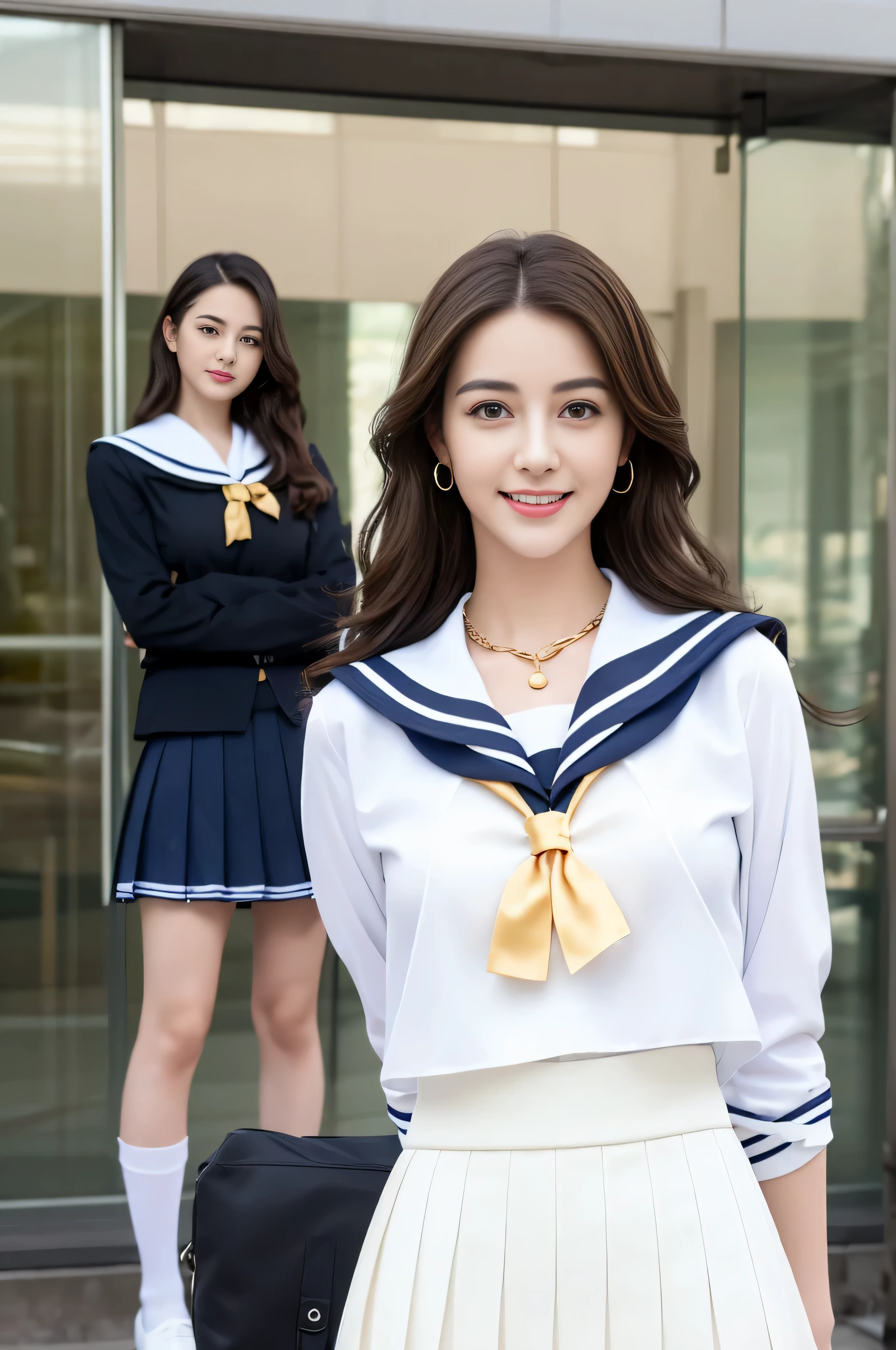 ((Highest image quality、8K、masterpiece:1.3))、1 girl、smile、Full body Esbian、slim face、cute woman、(dark brown hair)、super detailed face、detailed eyes、double eyelid、blurred background、slim face、city_super long brown hair、big breasts、full body shot、full body shot、full body shot、thin and neat legs、long legs、black leather shoes、white knee socks、in the school classroom、loose wavy hair、gold necklace_Large earrings、No facial expression、full body shot、Standing gracefully、cleavage、((high school uniform_white sailor suit_pleated mini skirt))