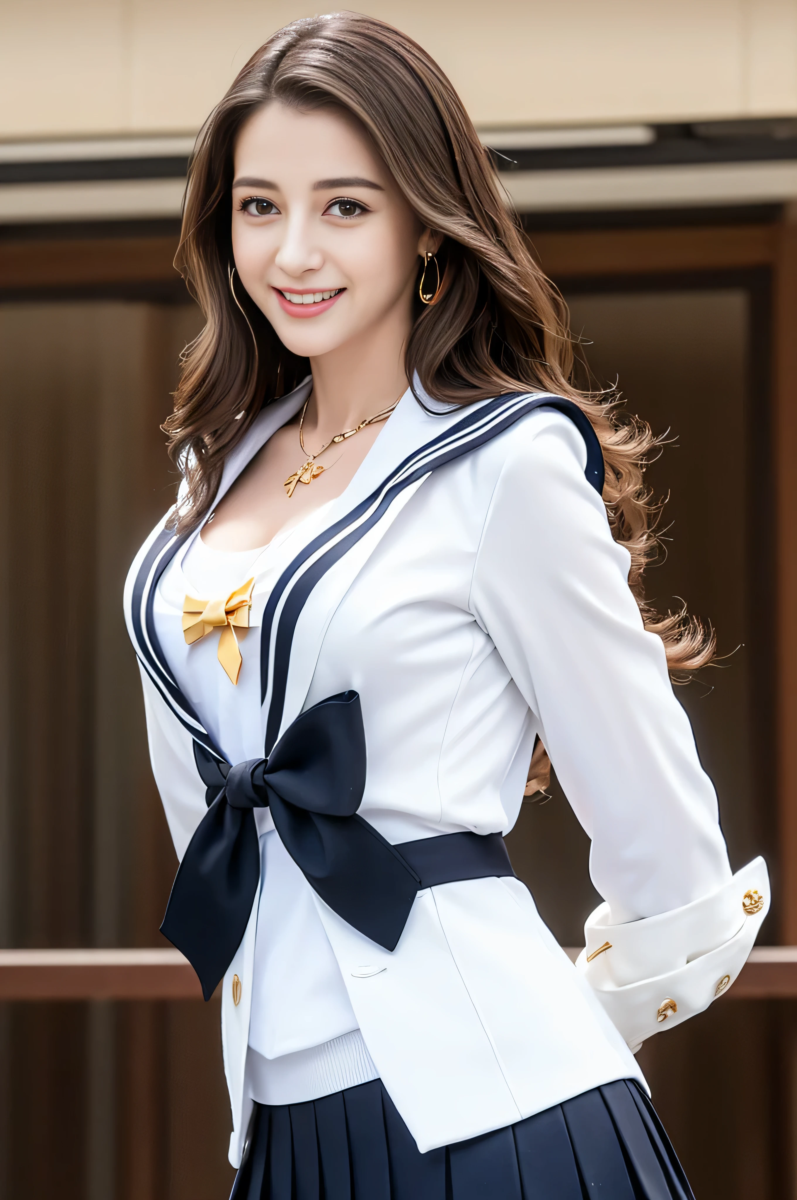 ((Highest image quality、8K、masterpiece:1.3))、1 girl、smile、Full body Esbian、slim face、cute woman、(dark brown hair)、super detailed face、detailed eyes、double eyelid、blurred background、slim face、city_super long brown hair、big breasts、full body shot、full body shot、full body shot、thin and neat legs、long legs、black leather shoes、white knee socks、in the school classroom、loose wavy hair、gold necklace_Large earrings、No facial expression、full body shot、Standing gracefully、cleavage、(high school uniform_white sailor suit_pleated mini skirt))