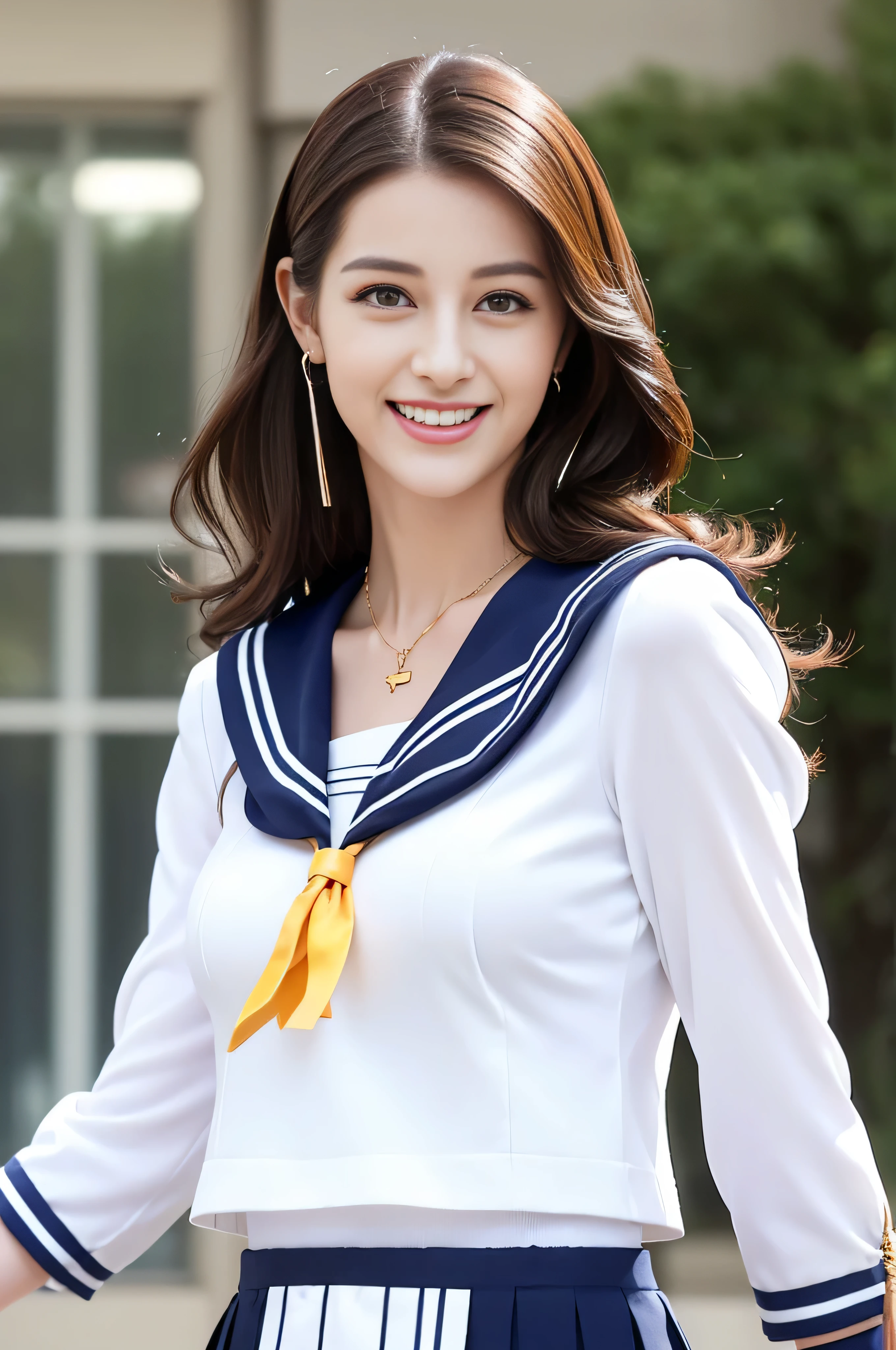 ((Highest image quality、8K、masterpiece:1.3))、1 girl、smile、Full body Esbian、slim face、cute woman、(dark brown hair)、super detailed face、detailed eyes、double eyelid、blurred background、slim face、city_super long brown hair、big breasts、full body shot、full body shot、full body shot、thin and neat legs、long legs、black leather shoes、white knee socks、in the school classroom、loose wavy hair、gold necklace_Large earrings、No facial expression、full body shot、Standing gracefully、cleavage、(high school uniform_white sailor suit_pleated hy smile:1.3)),