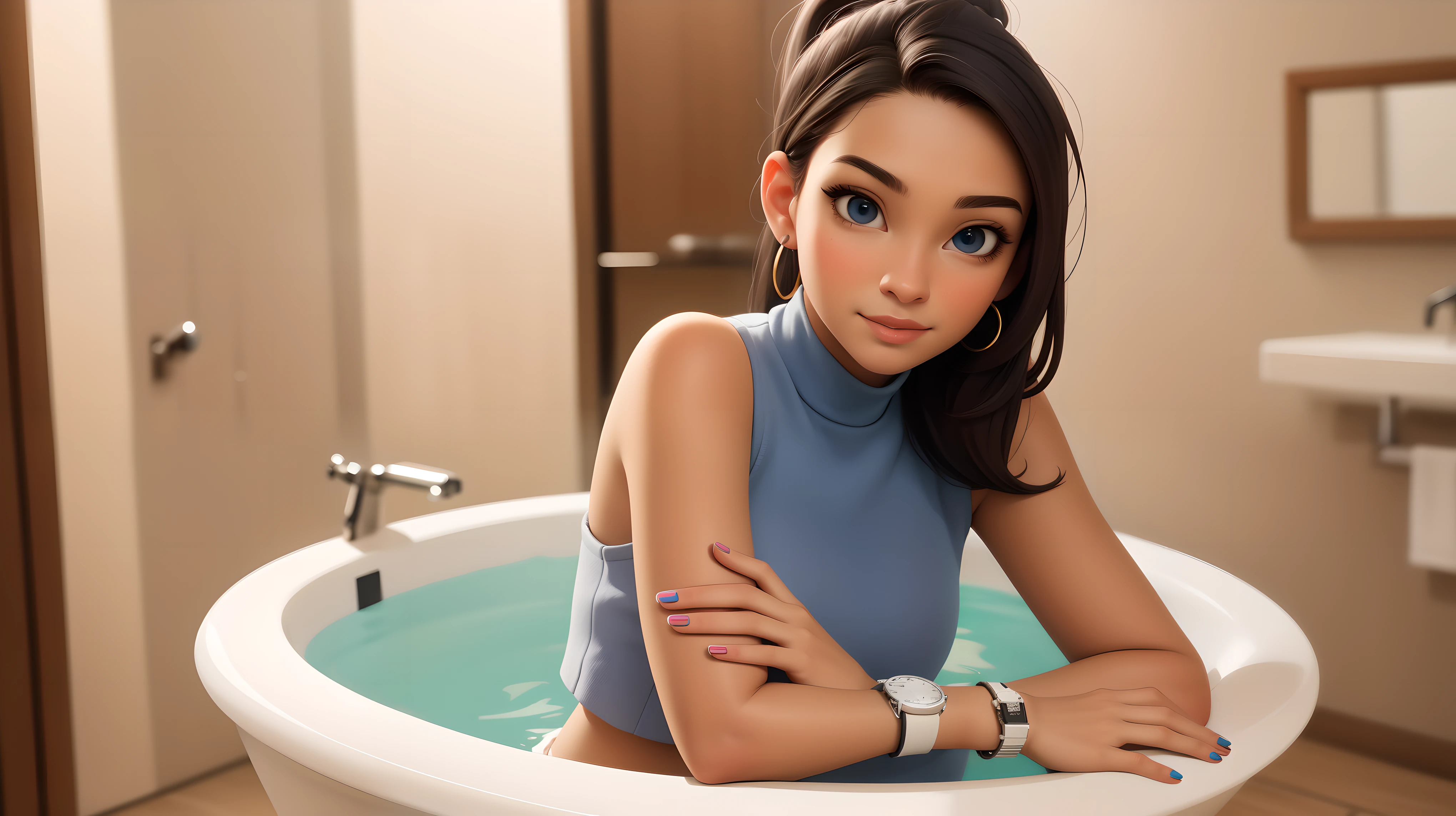 (masterpiece, best quality, ultra-detailed, highres, 4k),(beautiful detailed eyes),(very detailed face),(1girl),HDR,long hair, taking a bath, blue eyes, brown hair, bracelet, see through crop top, jewelry, watch, lips, solo focus, nail polish, ponytail, blurry background, smirk, wristwatch, realistic, (full body shot)