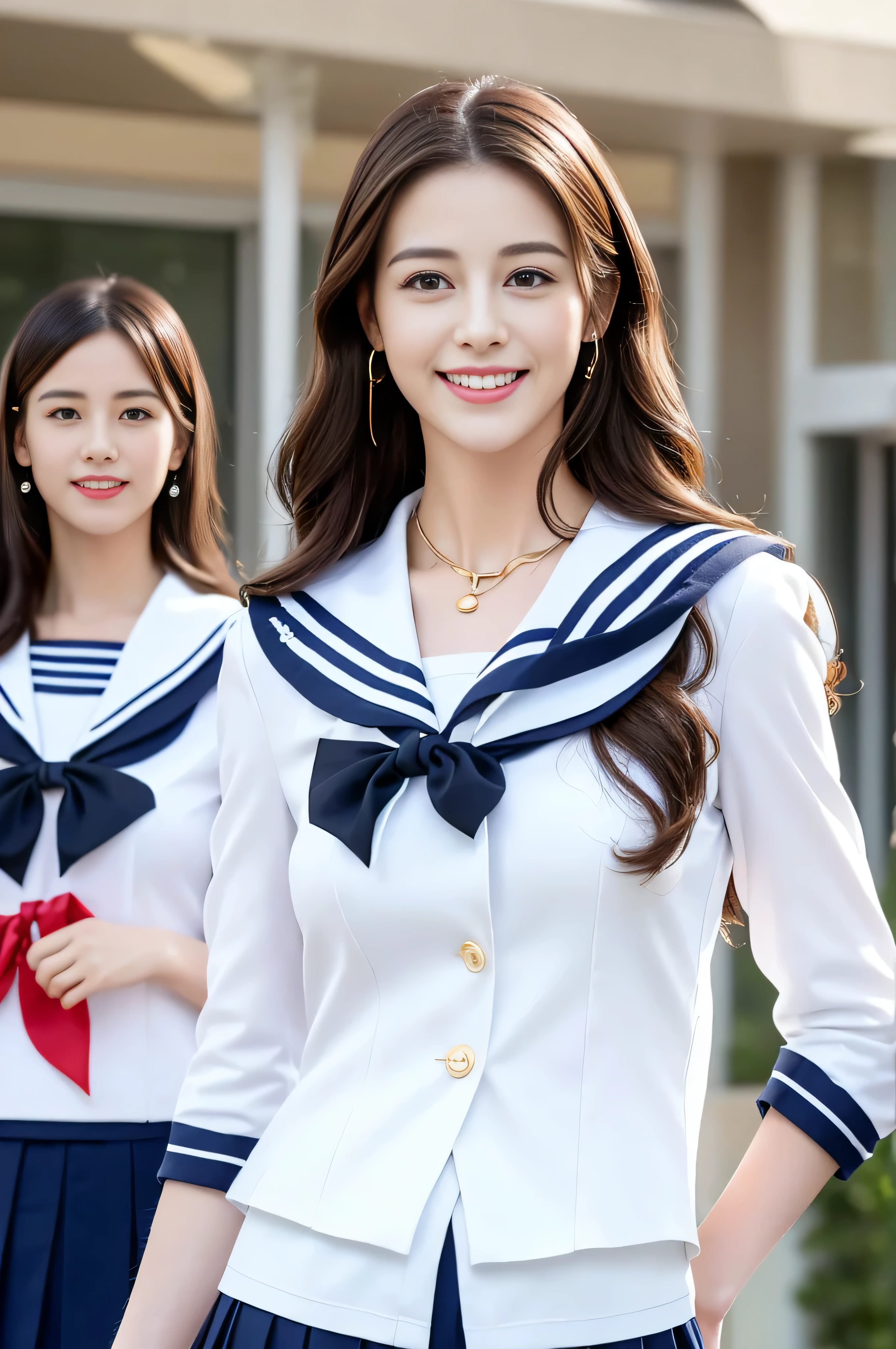 ((Highest image quality、8K、masterpiece:1.3))、1 girl、smile、Full body Esbian、slim face、cute woman、(dark brown hair)、super detailed face、detailed eyes、double eyelid、blurred background、slim face、city_super long brown hair、big breasts、full body shot、full body shot、full body shot、thin and neat legs、long legs、black leather shoes、white knee socks、in the school classroom、loose wavy hair、gold necklace_Large earrings、No facial expression、full body shot、Standing gracefully、cleavage、(high school uniform_white sailor suit_pleated hy smile:1.3)),