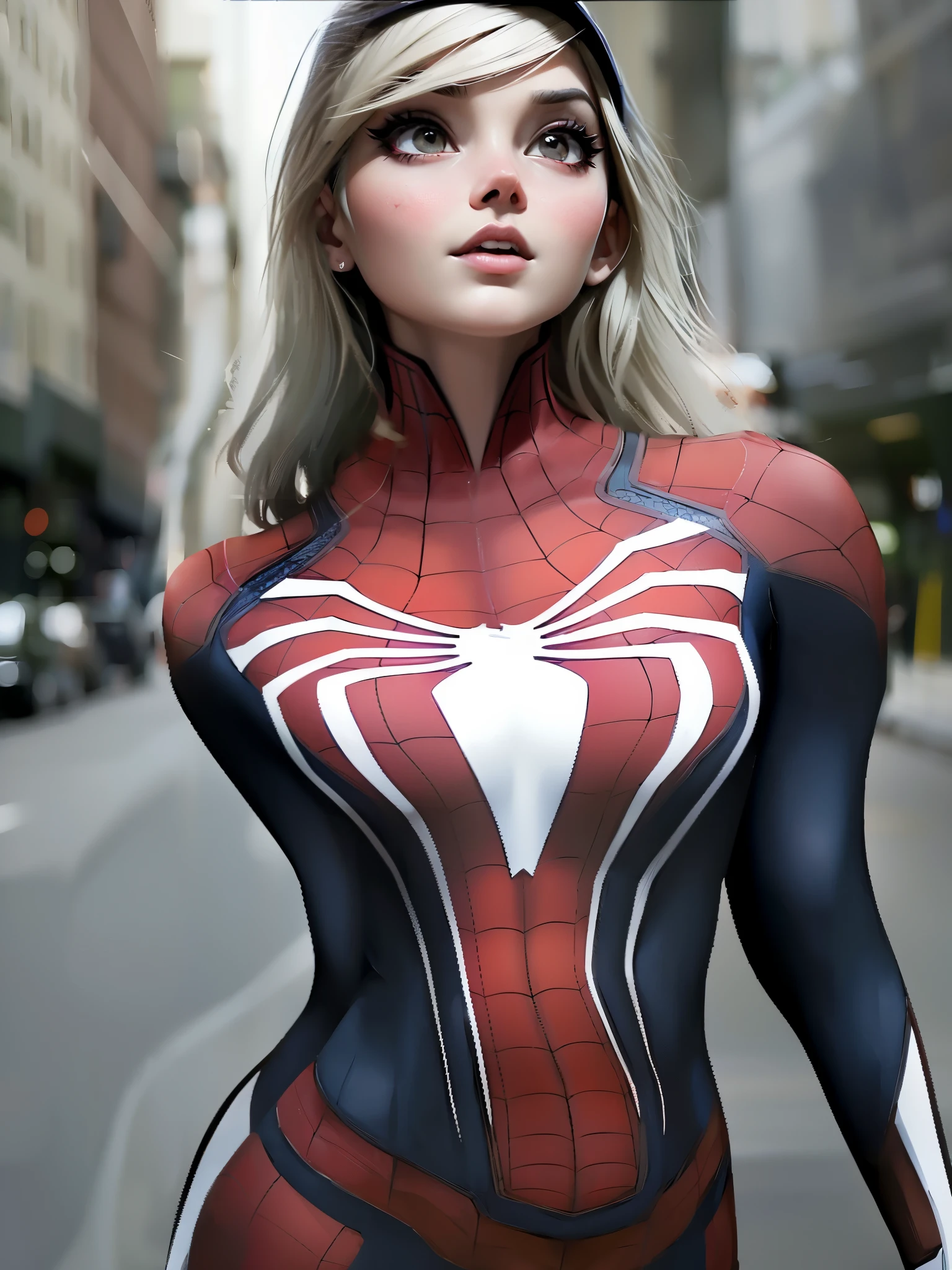 spider - man woman in a black and red costume walking down a street, ( ( spiderwoman ) ), spiderwoman!!, spider woman, spiderwoman!!!!!, spider gwen, futuristic style spiderman, cables on her body, marvel style, realistic cosplay, in style of marvel and dc, in style of marvel, gwen stacy, spider-gwen, spider - gwen