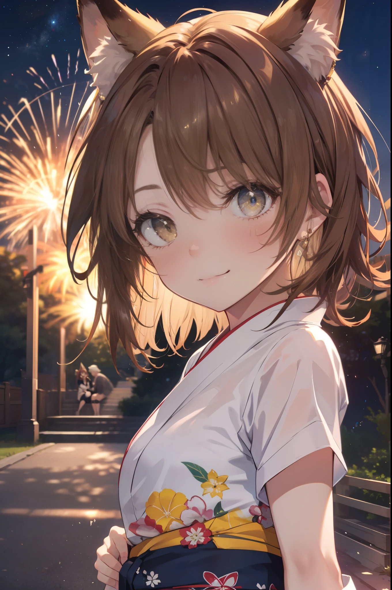 irohaisshiki, iroha isshiki, long hair, brown hair, (brown eyes:1.5), smile,blush,animal earsの綿毛, animal ears, fox ears, fox girl, Fox tail, brown hair, tail, yellow floral pattern yukata,long skirt,Fireworks in the night sky,fireworks,The place is a fireworks display,Time is night,sunny day,whole bodyがイラストに入るように,whole body,Sitting on the steps of a shrine and lighting sparklers,
break outdoors, festival,
break (masterpiece:1.2), highest quality, High resolution, unity 8k wallpaper, (figure:0.8), (detailed and beautiful eyes:1.6), highly detailed face, perfect lighting, Very detailed CG,(Beautiful detailed eyes:1.6), extra detailed face,  extremely details CG, 