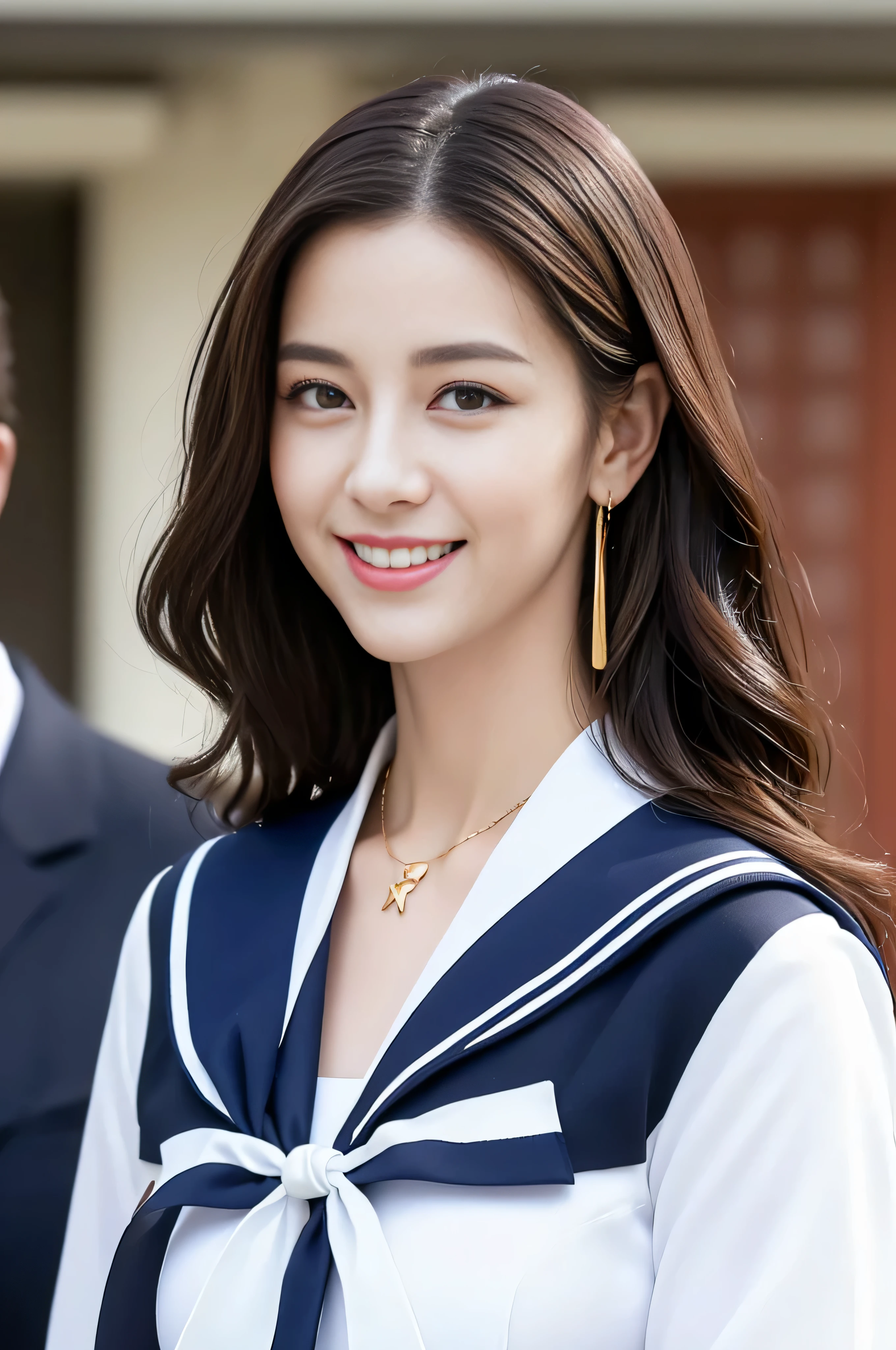 ((Highest image quality、8K、masterpiece:1.3))、1 girl、smile、Full body Esbian、slim face、cute woman、(dark brown hair)、super detailed face、detailed eyes、double eyelid、blurred background、slim face、city_super long brown hair、big breasts、full body shot、full body shot、full body shot、thin and neat legs、long legs、black leather shoes、white knee socks、in the school classroom、loose wavy hair、gold necklace_Large earrings、No facial expression、full body shot、Standing gracefully、cleavage、(high school uniform_white sailor suit_pleated hy smile:1.3)),