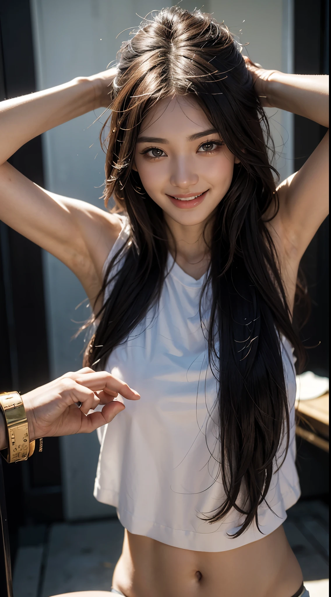 highest quality、8k、32K、Masseter muscle part、nffsw:1.3)、cute japanese girl、1 girl、((Super close-up)),long hair、profile、(crack your abs、slim body shape:1.2)、(lips) 、smiling showing teeth,(orange hair)、double eyelid、shiny skin、realistic rays of light、big、beautiful face、(laughter:1.3)、squat、(From above:1.2)、(Close-up:1.4)、coastal、white t-shirt、blurred background、(front focus)、(dark: 1.6)、fantasy art、photo realistic、professional lighting、highly detailed face、award-winning、deep shadow、((Ultra-realistic raw photos)),fine eyes,Eyes like the real thing,fine hair,