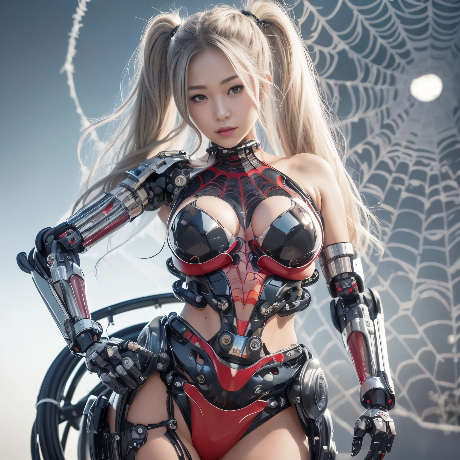 beautiful face,face is japanese, 1 female, big, Curvaceous, (16k, RAW photo, highest quality, masterpiece: 1.2), (HDR, realistic, realistic: 1.37) (tube attached to the body), ((((spider web bikini cyborg robot parts)))), (light gray hair), long hair, wavy hair, twin tails, medium shot, ( enchanting smile)), (black eye), double eyelid, princess cut, from below, (whole body),take a pose,,in the laboratory,( tube connected to blood vessel),((mechanical vertebrae attached to the back)),((Mechanical neck attached to the neck)),(Wires and cables attached to head and body),(character focus),SF,perfect woman image,完璧なanatomy, anatomy, whole bodyショット, Up to 4 fingers and 1 thumb relationship,