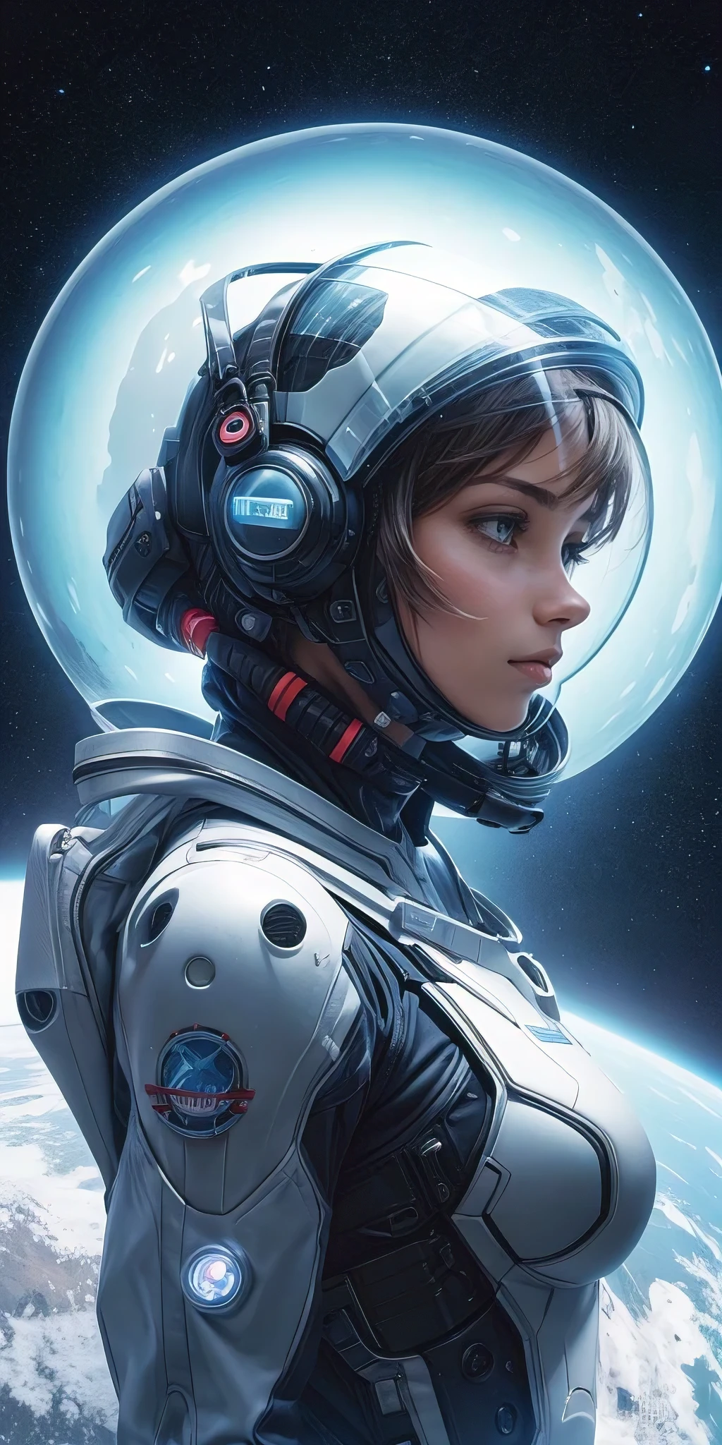 best quality, 3/4 body, beautiful curvaceous woman with huge breasts and big gorgeous eyes, an intrepid extraterrestrial planet explorer, donning a futuristic spacesuit, explores the unknown depths of a distant planet. Their suit is equipped with advanced technology, and they carry scientific tools to investigate the alien terrain. The landscape is filled with breathtaking extraterrestrial wonders, hinting at the mysteries that lie ahead. Best quality, intricate details, clean lines, eye-catching composition, soft tones, anime realism, perfect illustration