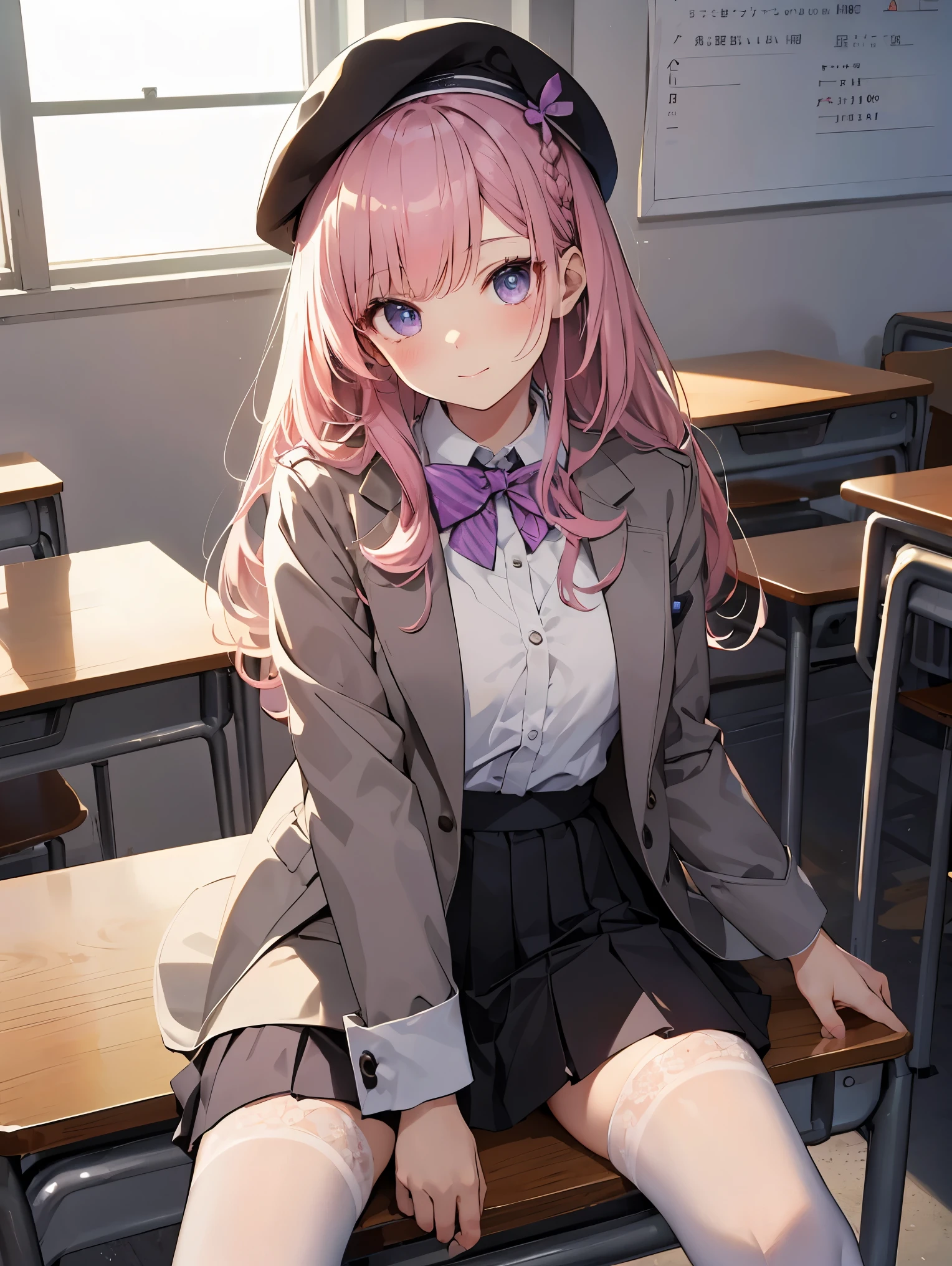 細部に至るまinの傑作、highest quality、realistic、1 girl、solo、18-year-old、Looks about 5 years old、140cm beautiful girl、、5 year old baby face、Silky hair、Gradient bob braids falling in the front、pink and purple mesh、big vertical eyes、Outstanding looks、cute 、proximity、closed_mouth、laughter、blush、恥ずかしさinいっぱい、beret、pink bow tie、Branded uniforms、 青いblazer、blazer、pleated skirt、gray skirt、silk blouse、white blouse、feet、black tights、sit on top、classroom、hair_ornament、looking for_in_viewer、beiniful detailed eyes、realistic目、tights on、Not clear、professional effects、Not clear、enhanced elegance、Really ridiculous cuteness、cute