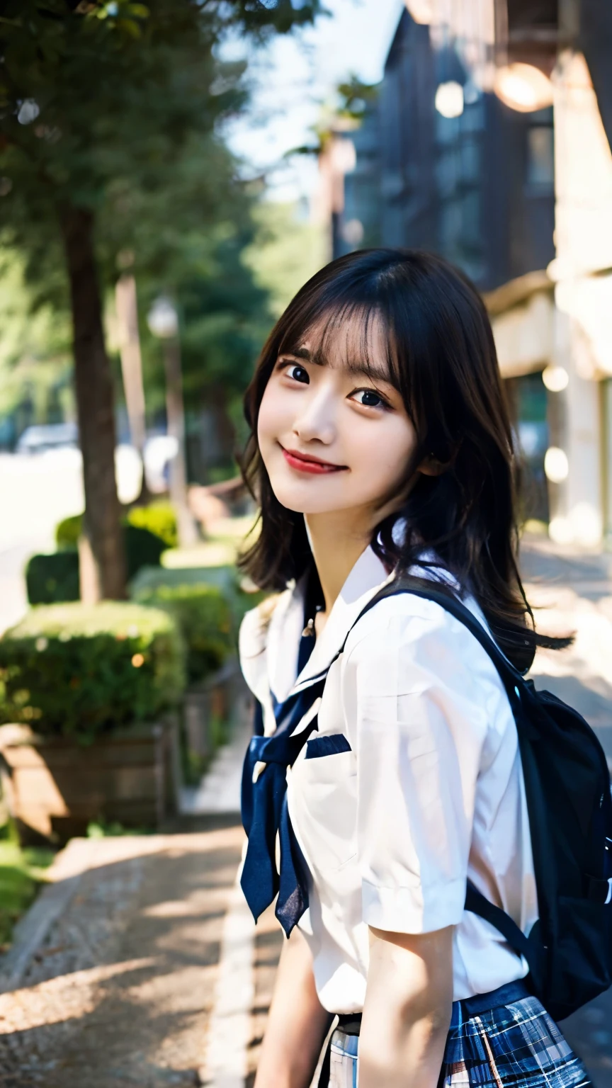 1 girl, parted lips, blush, compensate, light smile, school uniform, classroom, school bag, light, shine, thighs, clavicle, tight waist, (masterpiece), wallpaper,