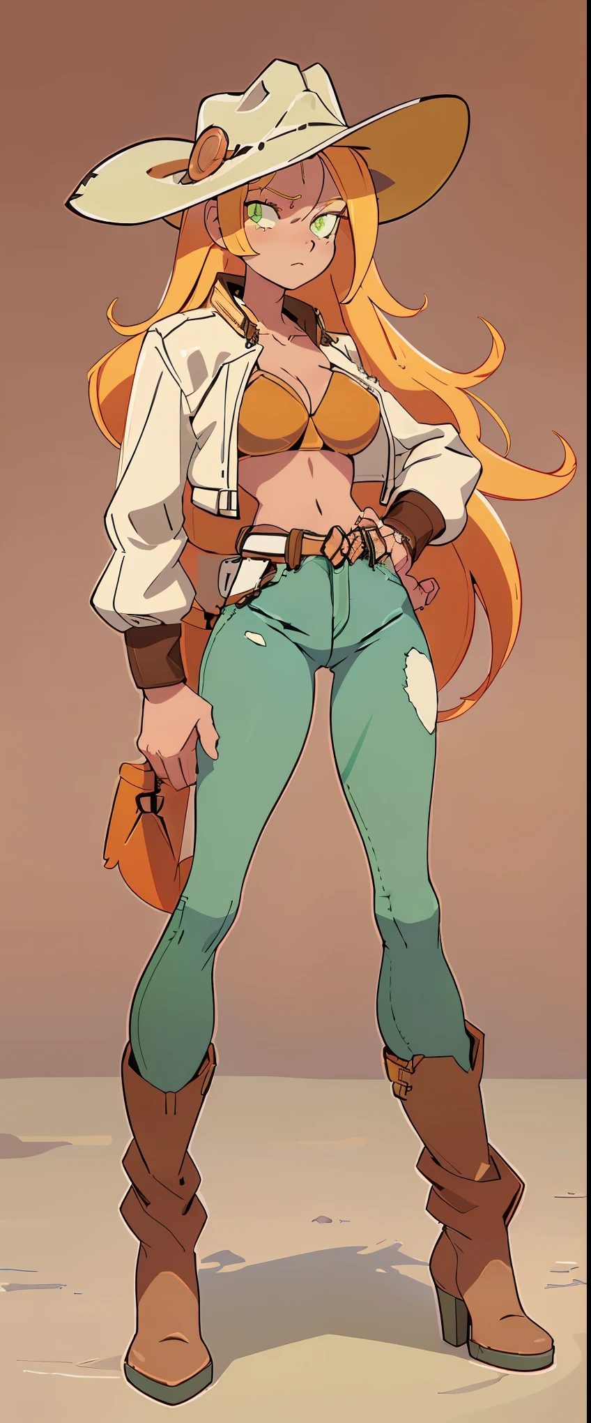 1 woman, long yellow hair , smooth, green eyes, Bored face , brown bikini , cowboy hat , White leather jacket , Jeans shorts , abdomen, big breasts , Long legs. , stand on your hips... , leather boom boots , desert