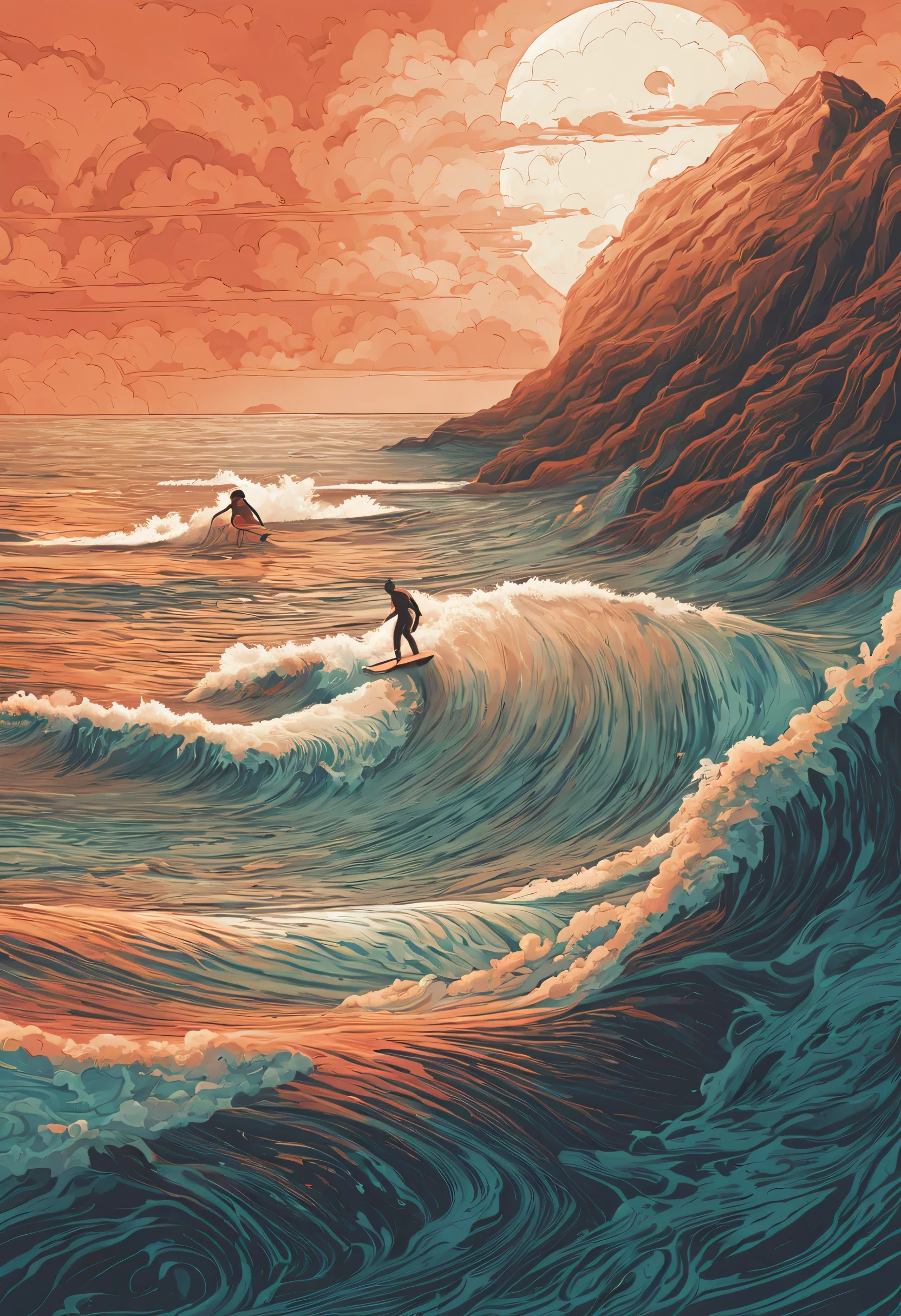 Surfer in the style of luminous landscapes, detailed character illustrations, nightmarish creatures, óscar domínguez, complex texture, illustration, eye-catching composition 