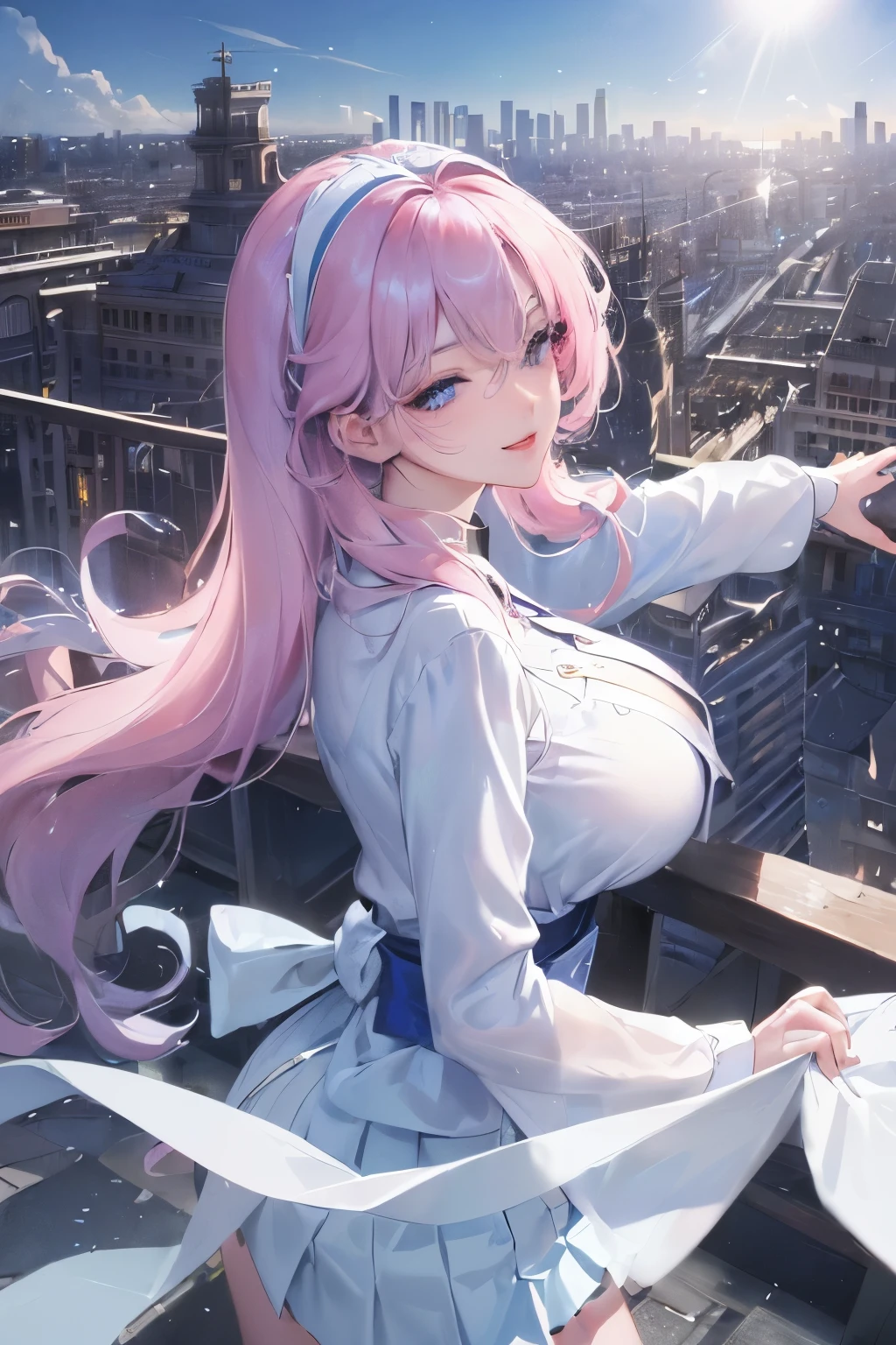 official art, masterpiece, sharp focus, (beautiful gorgeous cute Korean woman:1.3), (beautiful cute korean:1.3), korean beauty, Delicate and beautiful hair and eyes and face, realistic, ultra detailed, beautiful girl, blue sky, glow white particle, (sidelighting:1.2), sun light, white cloud, detailed clouds, slender, Lovely very large breasts and very large hips, smile with teeth, ((smile with eyes, open both eyes)), scenery, long straight hair, sexy facial expression, building, (cityscape:1.7), dynamic hair, long straight hair, detailed platinum pink hair, glow blue eyes, (blue pleated shirts + white skirt), white long socks, pale skin, hair ornament, epic scenery,