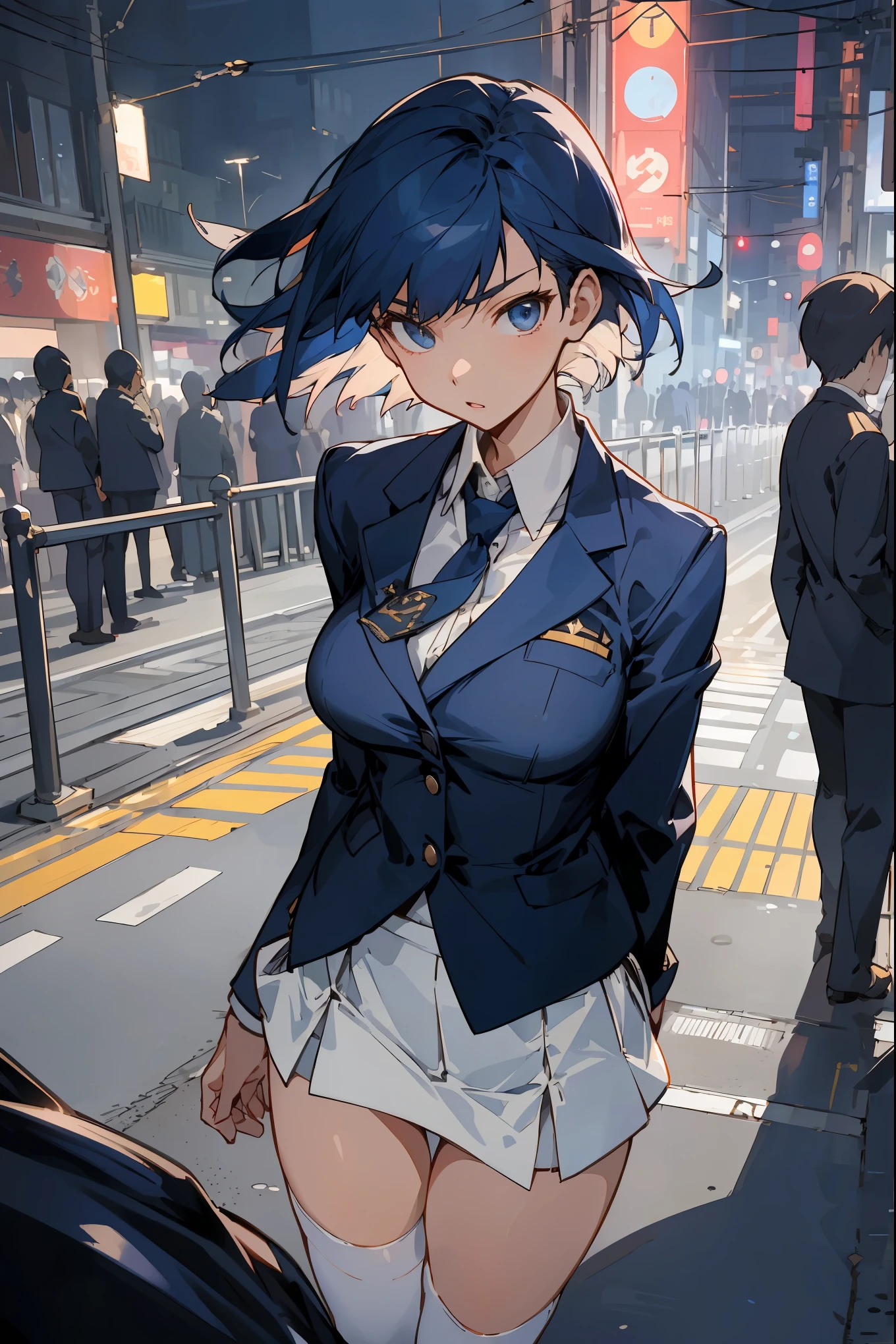 masterpiece,best quality,detailing,depict the background、(The background is Tokyo at night with a lively streetscape and many people outdoors.),1woman solo,female police officer、20 year old beauty、dark blue hair,short hair,blue eyes,ideal ratio body proportions,slender body,medium breasts,gleaming skin,Perfect Anatomy:1.2,walk in the crowd,patrol、navy blue blazer jacket,white tight skirt、mini skirt、thigh_gap, white_thighhighs,(