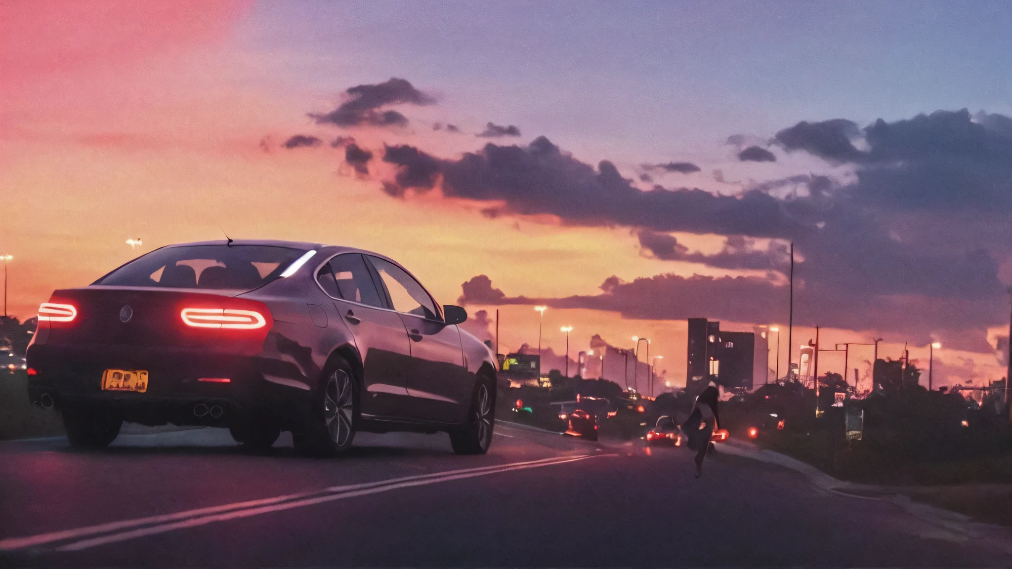 「my」A car running on the highway with a neon sign saying。, album artwork, album art cover, Written by Edna Mann, from, ニッキー・myージュ, album art, where, miami synthwave, Runway, music album art, music album cover, person running away々, album cover, far away, far away from camera, Alex Miranda, family, album cover!
