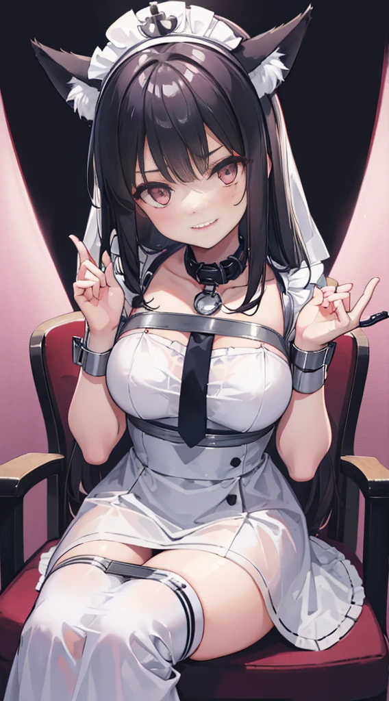 high quality, masterpiece, Super detailed, 1 girl, and clearly visible, alone, White lace nurse's gown，Maid tiara，Tape closure，Tie up all over with tape，BDSM,handcuffs，collar，calm expression,Smile，bright red lips，handcuffs，collar，long black hair, charming pink eyes, fox ears, Ridiculously big, shiny skin, sit on the chair，hands behind back，bright hospital，