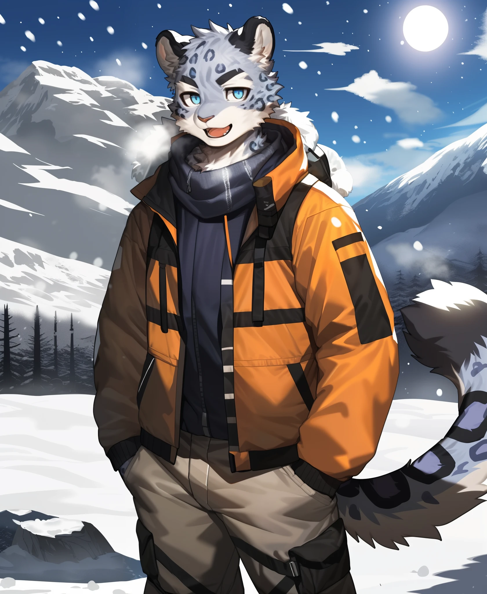 by pgm300,by fuguri,by kiyosan,by milkytiger1145,
furry,kemono,anthro,
male,solo,
(snow leopard:1.25),
blue eyes,
looking at viewer, open mouth, smile,
steam,
(winter clothes:1.25), orange clothes,
hands in pockets, 
backpack, 
brown pants,
standing,
hiking boots,
snowing,snow,mountain,
sun,blue sky,