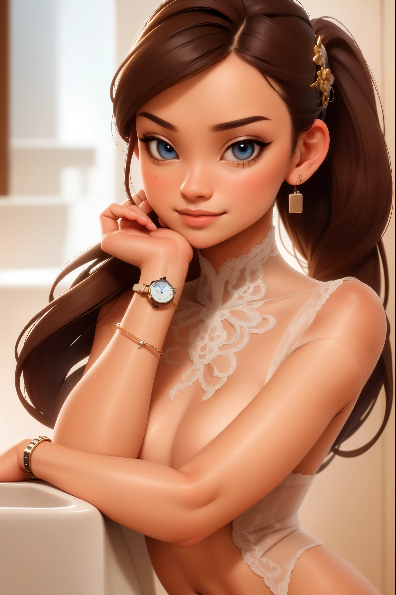 (masterpiece, best quality, ultra-detailed, highres, 4k),(beautiful detailed eyes),(very detailed face),(1girl),HDR,long hair, taking a bath, blue eyes, brown hair, bracelet, jewelry, watch, lips, solo focus, nail polish, ponytail, blurry background, smirk, wristwatch, realistic, (nude), sexy, naked
