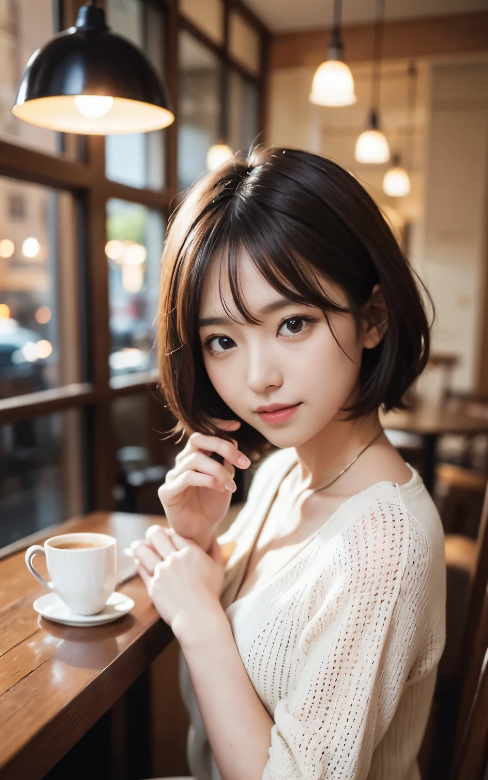 cute 21 year old japanese、drink coffee at a cafe、nice cafe、super detail face、pay attention to details、double eyelid、beautiful thin nose、sharp focus:1.2、Beautiful woman:1.4、(light brown hair,short hair、),pure white skin、highest quality、masterpiece、ultra high resolution、(Photoreal:1.4)、Highly detailed and professional lighting、nice smile、Please show me your whole body、cute fall clothes、