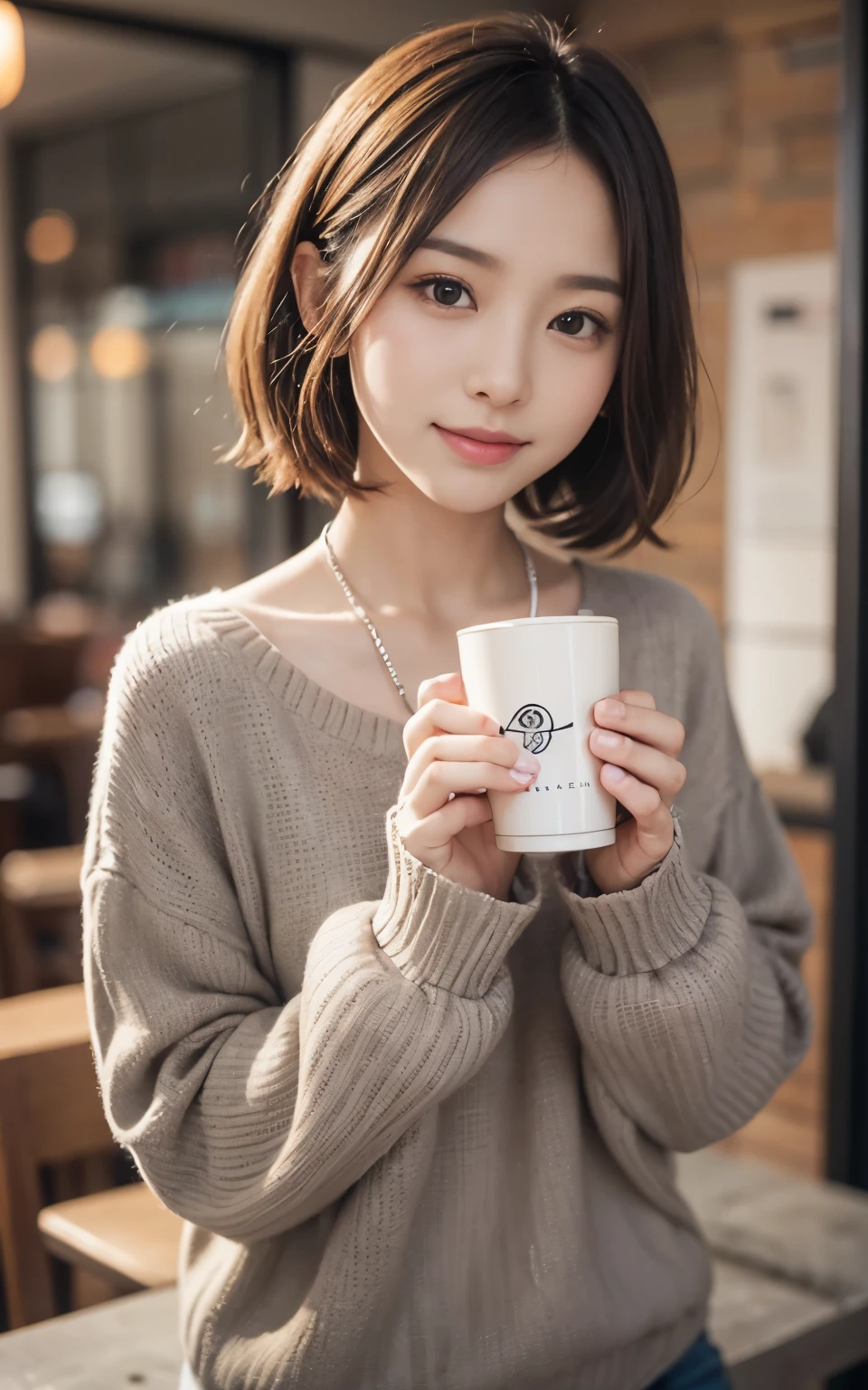 cute 21 year old japanese、drink coffee at a cafe、nice cafe、super detail face、pay attention to details、double eyelid、beautiful thin nose、sharp focus:1.2、Beautiful woman:1.4、(light brown hair,short hair、),pure white skin、highest quality、masterpiece、ultra high resolution、(Photoreal:1.4)、Highly detailed and professional lighting、nice smile、Please show me your whole body、cute fall clothes、
