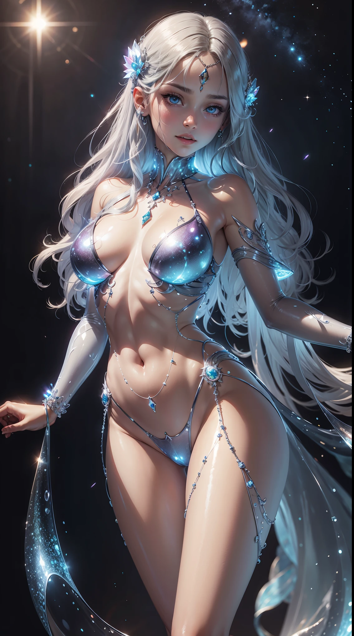 (highest quality,super detailed,realistic:1.37), Extraterrestrial life form, Shining, fantastic eyes, Complex alien features,[(((Alien with transparent skin like glass)))+purplish color], Bright colors, celestial background, Cosmic atmosphere, mysterious aura, existence of another world, starry sky, Glowing celestial bodies, interstellar beauty, fascinating light pattern, surrealist composition, Otherworldly brilliance.
