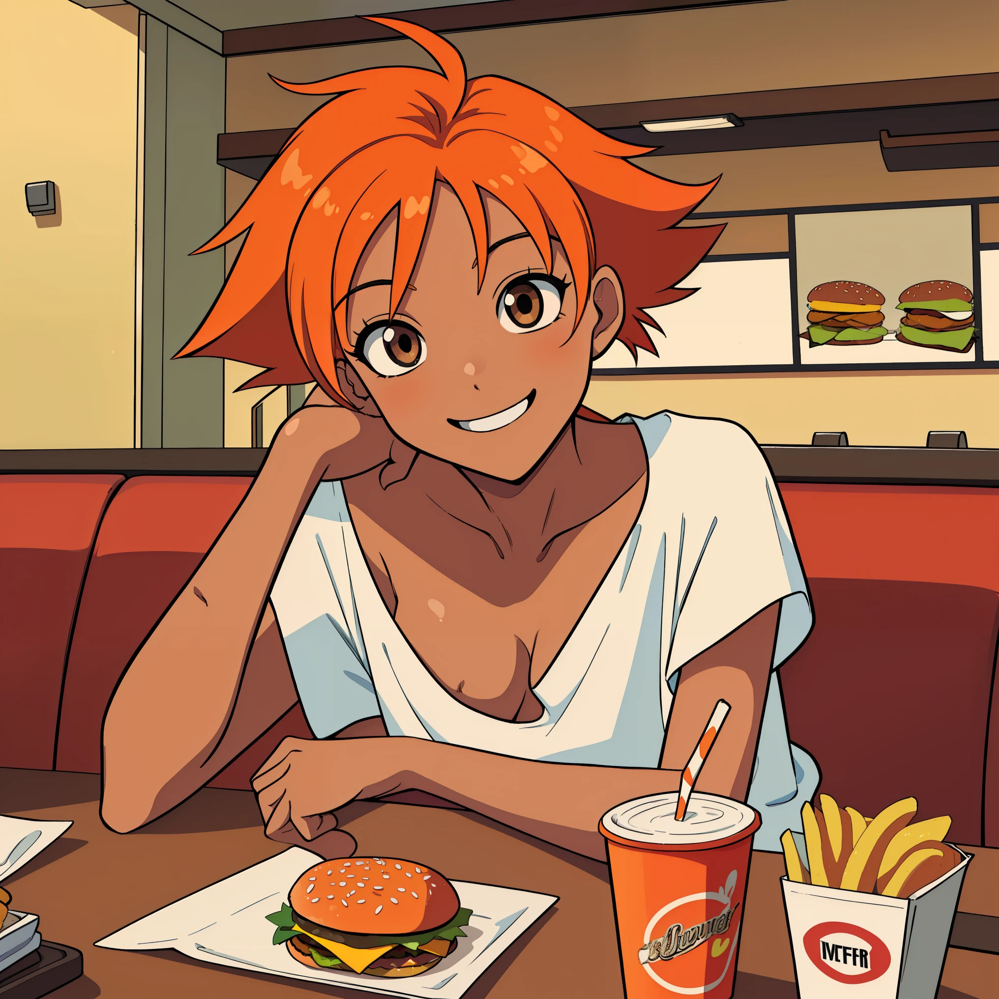 Edward,midriff,orange hair,white shirt,off shoulder,collarbone,tan skin, black bike shorts,goggles, brown eyes, sitting in fast food restaurant table, burger on table, smiling, looking at viewer, POV, cleavage (insanely detailed, beautiful detailed face, masterpiece, best quality),