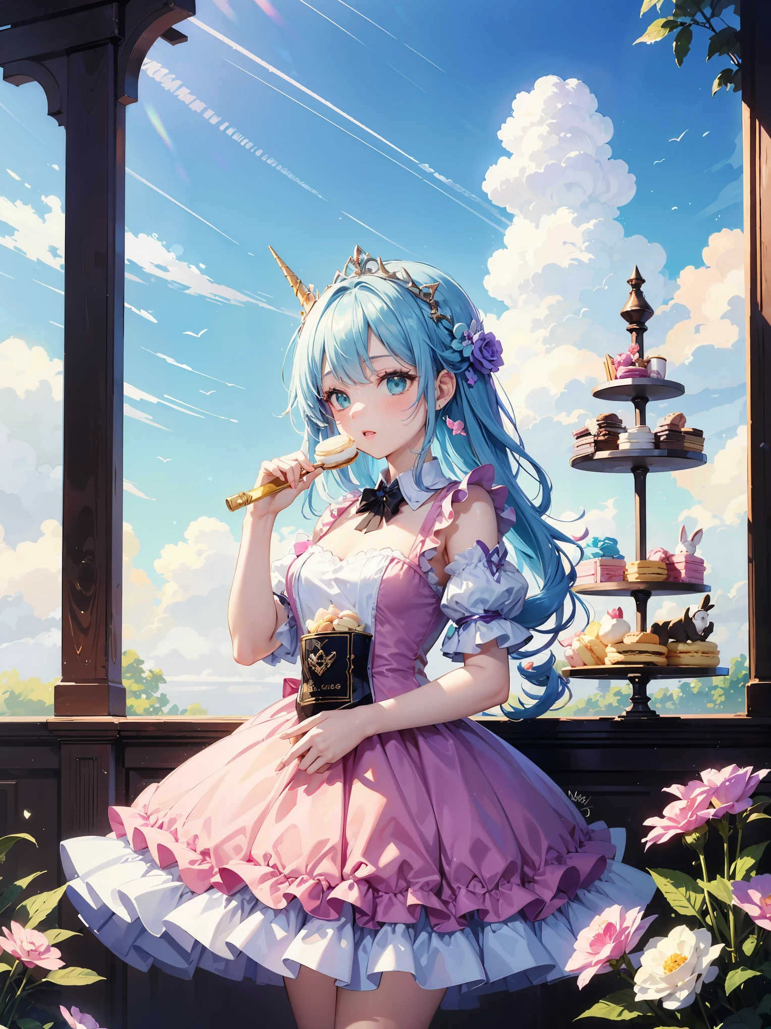 ((masterpiece)), ((top quality)), (super detailed), ((cute)), cute, (lovely), ((unbelievably super cute)), ((very detailed)), 4k, (8k), top quality, 

Guidelines for creating illustrations that express a "dreamy cute" worldview.

Theme:.

Dreamy fairy-tale world
Sweet and romantic atmosphere
Expressing a girl's longing
Elements: 1.

1. colors: pastel colors: pink, light blue, lavender, mint green, etc.

Pastel colors: pink, light blue, lavender, mint green, etc.
Light shades: white, beige, cream, etc.
Sparkling elements: gold, silver, pearls, etc.
2. motifs: animals

Animals: rabbits, cats, bears, unicorns, etc.
Sweets: cakes, macaroons, ice cream, etc.
Magic items: walking sticks, tiaras, magic wands, etc.
Flowers: roses, ranunculus, violets, etc.
3. composition

Dreamy landscape: above the clouds, rainbow, castle, etc.
Girl in the center: sitting, standing, playing, etc.
Painted with animals or sweets
Fairy-tale accessories: hearts, stars, ribbons, etc.
4. tastes: soft line drawings

Soft line drawings
Delicate depiction
Rounded forms
Watercolor, pastel-like texture
Generated example: A girl in a pink dress on a cloud with a rabbit and a macaron.

Above the clouds, a girl in a pink dress is holding a rabbit and macaroons
Girl on unicorn flying toward rainbow against lavender sky
In a mint green castle, a girl is making a cake with a magic stick
In a white room decorated with lace and ribbons, a girl is having a tea party.