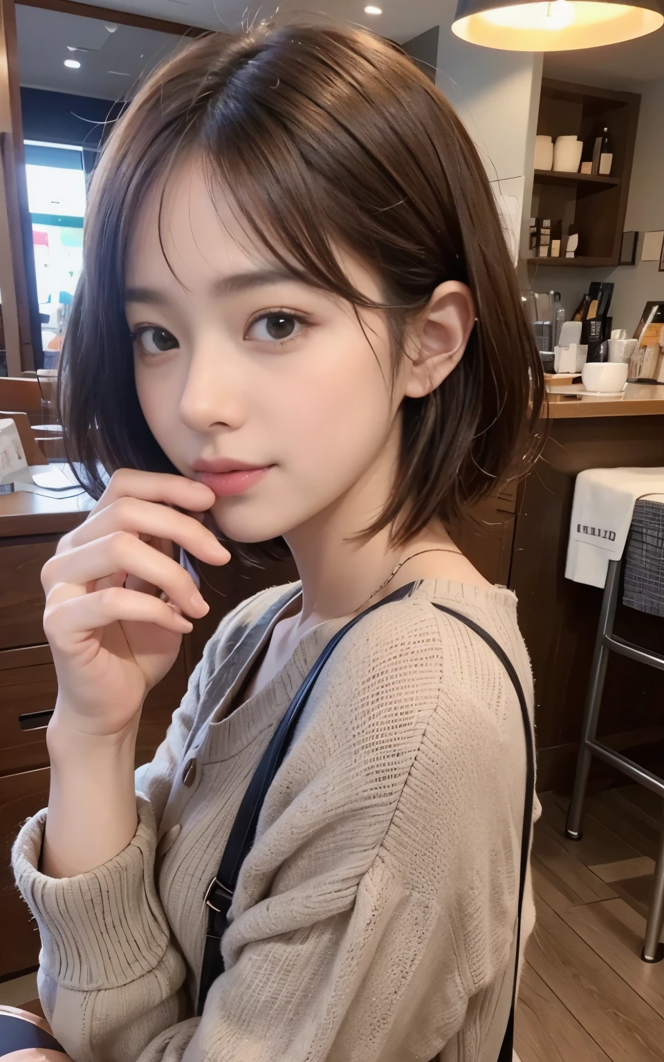 cute 21 year old japanese、drink coffee at a cafe、nice cafe、super detail face、pay attention to details、double eyelid、beautiful thin nose、sharp focus:1.2、Beautiful woman:1.4、(light brown hair,short hair、),pure white skin、highest quality、masterpiece、ultra high resolution、(Photoreal:1.4)、Highly detailed and professional lighting、nice smile、Please show me your whole body、cute fall clothes、A glimpse of the chest、