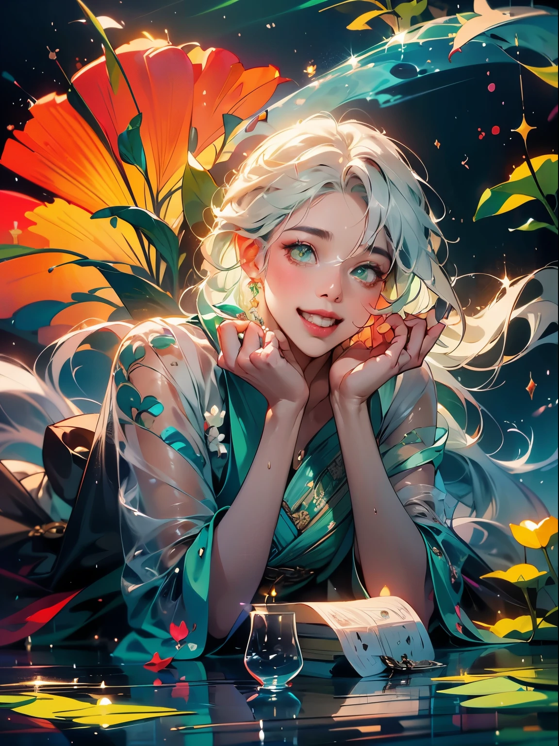 (best quality,4k,8k,highres,masterpiece:1.2),ultra-detailed,(realistic,photorealistic,photo-realistic:1.37), girl, 1girl, ((small breats:1.5)), ((the colors of Aodai is Orange , Eerie black , Dim gray , White and Carmine)), oil painting, vibrant colors, natural lighting, charming smile, long black hair, delicate facial features, graceful posture, wearing an Aodai dress, traditional Vietnamese elements, beautiful lotus pattern on the dress, intricate embroidery, flowing fabric, peaceful garden background, blooming flowers, gentle breeze, sunlit scenery, serene atmosphere, traditional Vietnamese hat, elegant and serene expression,(white hair:1.5), (shoulder-lenght hair:1.5), ((light sea green eyes:1.5)), ((light sea green pupils)),excited expression, excited emotion, excited smile, big smile