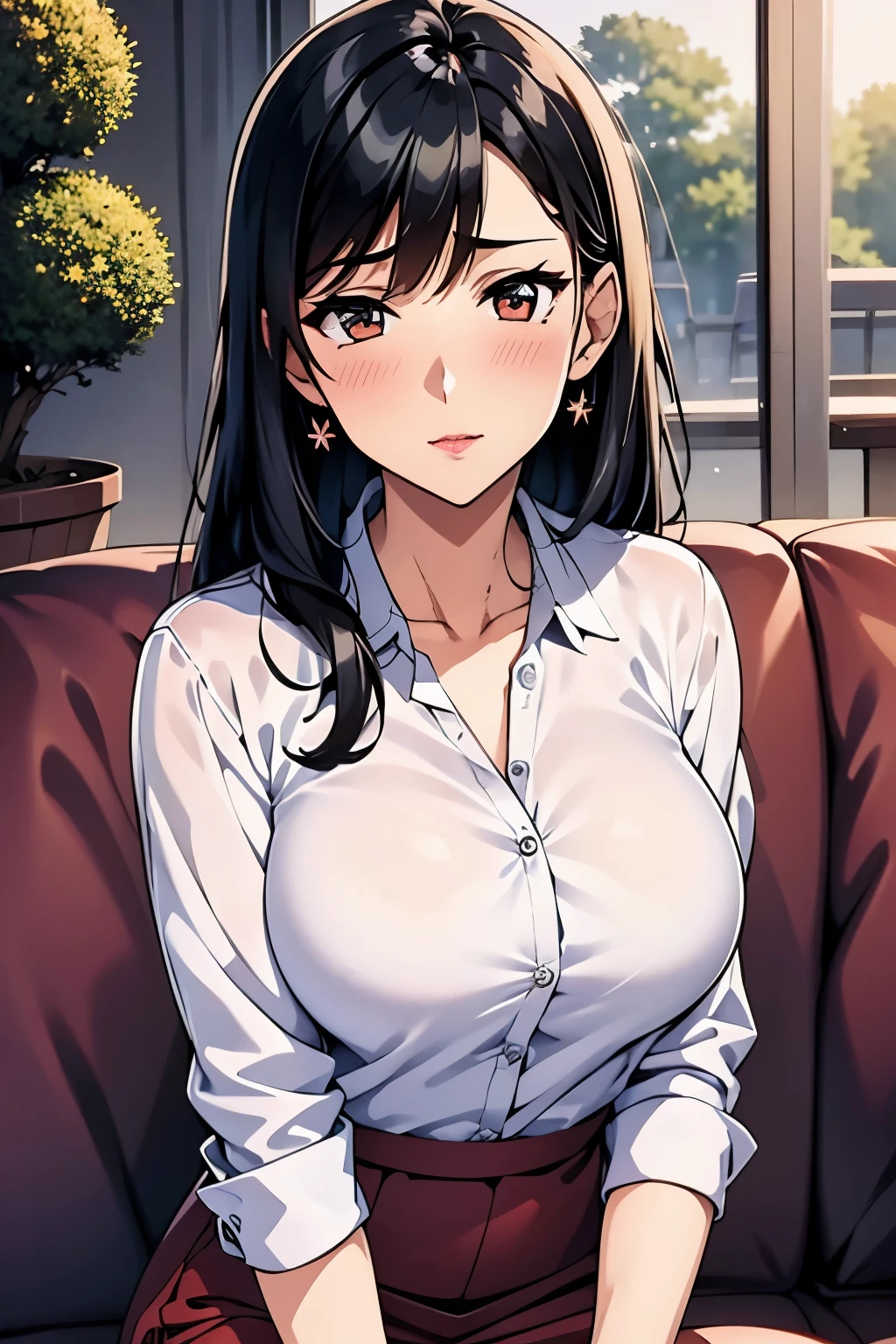 Tere,Wearing a suit, black hair,red skirt, white shirt, high quality,4k,