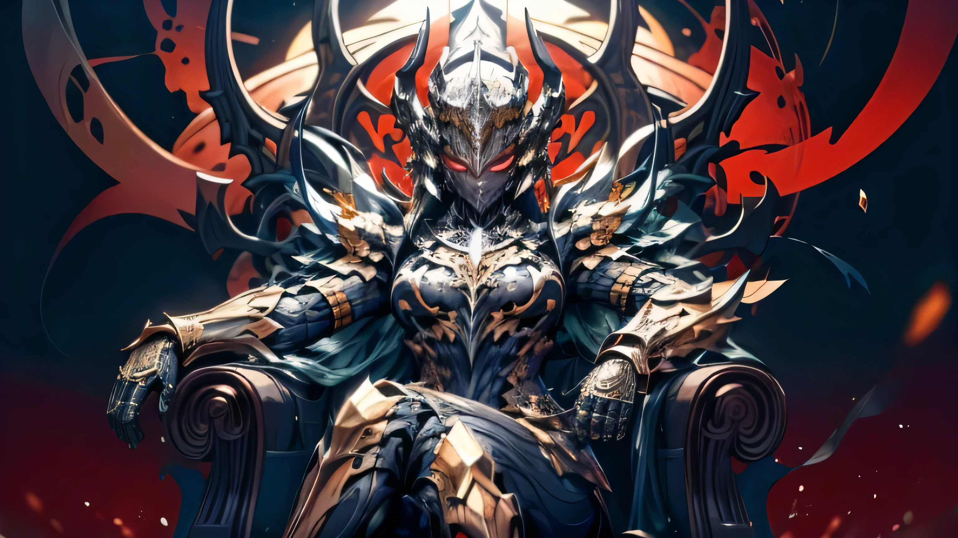 (A masterpiece scene and hd quality). (A formidable woman warrior, clad in intricately designed armor, with a red eyes, imposing presence, her eyes hidden under a menacing helmet, once corrupted by the malevolent touch of a demon king, now serving him as his relentless soldier). Her crazy figure reflecting the evil within, and her muscles bulged. The armor's intricate gold patterns shimmered in the flickering sunlight, casting an ominous glow on the apocalyptic scene behind her. A female demon under the brightest red moon mocking the enemy, as she sat back on her throne while crossing her legs.