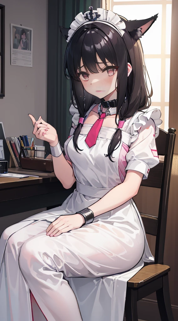 high quality, masterpiece, Super detailed, 1 girl, and clearly visible, alone, White lace nurse's gown，Maid tiara，Tape closure，Tie up all over with tape，BDSM,handcuffs，collar，calm expression,bright red lips，handcuffs，collar，long black hair, charming pink eyes, fox ears, Ridiculously big, shiny skin, sit on the chair，hands behind back，bright hospital，