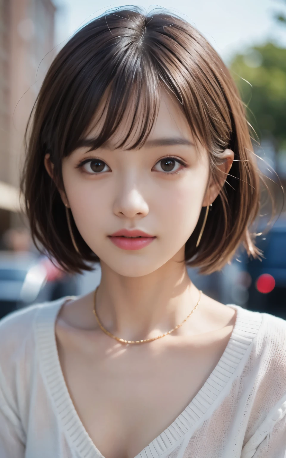 cute 21 year old japanese、clear sky、shopping、city、super detail face、pay attention to details、double eyelid、beautiful thin nose、sharp focus:1.2、Beautiful woman:1.4、(light brown hair,short hair、),pure white skin、highest quality、masterpiece、ultra high resolution、(Photoreal:1.4)、Highly detailed and professional lighting、nice smile、show the whole body、nice cute knit sweater