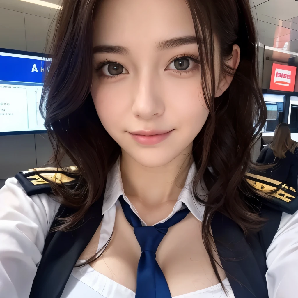 instagram photo, closeup face photo of 23 y.o Chloe in transparant pilot uniform, cleavage, pale skin, (smile:0.4), hard shadows, running, after shower with wet hair, sexy vibe, curly long hair, in airport