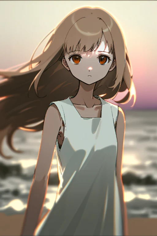 illustration/ 1 girl/ very rough sketch/ Thin line/ (White one-piece dress/ sleeveless:1.15) /walks along a beach/ dusk in the twilight/ upper body/ face focus/ looking at viewer/ Beautifully detailed and drawn face/ (Black straight long hair:1.2)/ Each hair is painted in detail/ messy hair/ (Brown Eye's:1.3)/ highlight eye's/ catch light eyes/ specular highlight eyes/ collarbone/ A background painted in a rough and sketchy color scheme/ Bokeh/ Blurred Backgrounds/ depth of field/ Backlight/ Cinematic lighting/
