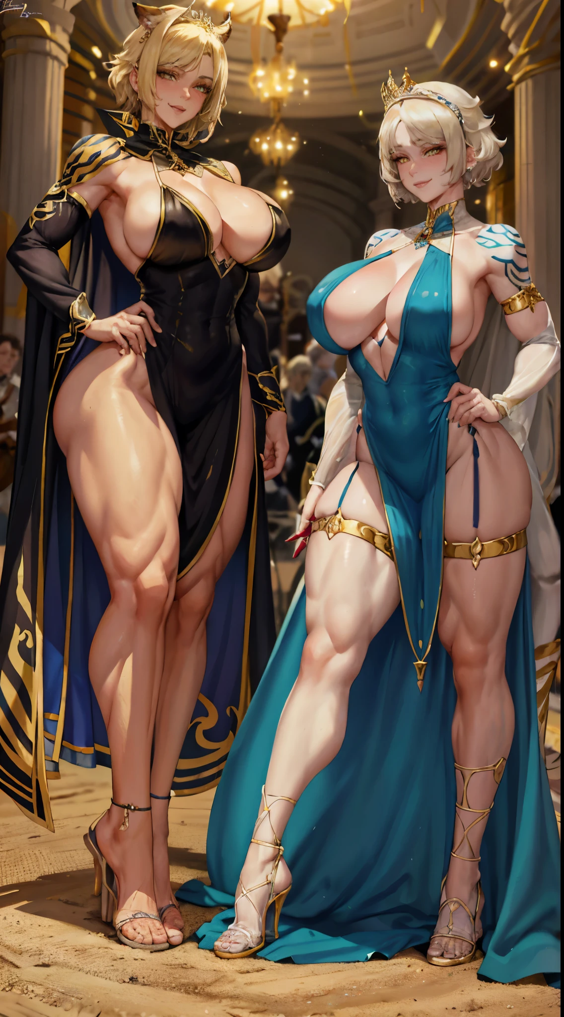 yellow eyes, blonde hair, short hair, blue ribbon, large breasts, detached sleeves, very white background, royal tiara, long cape, yellow tiger bikini, high heels, hands on hips. red tattoo on belly, full body female milf, lustful smirking smile face (red blush)