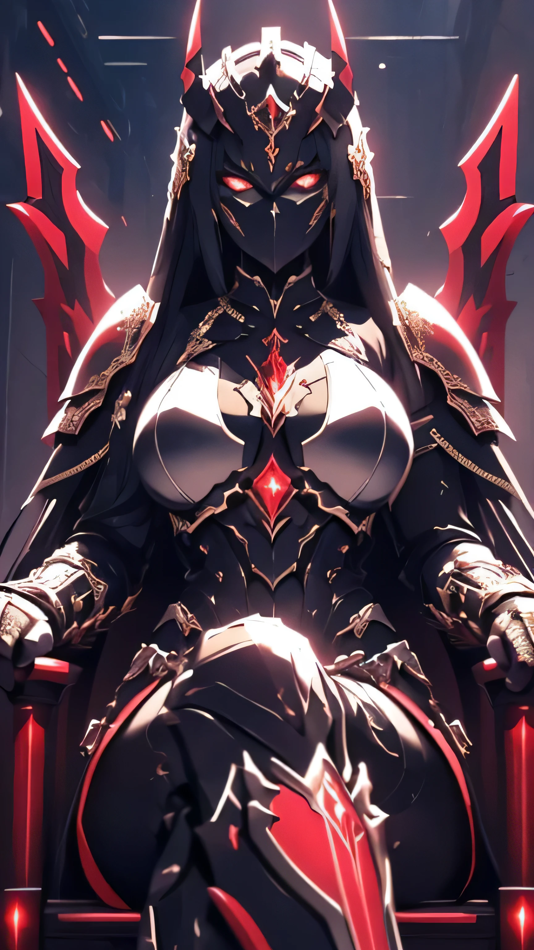(A masterpiece scene and hd quality). (A formidable woman warrior, clad in intricately designed armor, with a big, imposing presence, her eyes hidden under a menacing helmet, once corrupted by the malevolent touch of a demon king, now serving him as his relentless soldier). Her crazy figure reflecting the evil within, and her muscles bulged. The armor's intricate patterns shimmered in the flickering sunlight, casting an ominous glow on the apocalyptic scene behind her. A female demon behind, as she sat back on her throne while crossing her legs.