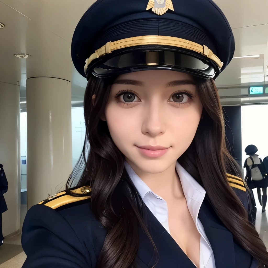instagram photo, closeup face photo of 23 y.o Chloe in transparant pilot uniform, cleavage, pale skin, (smile:0.4), hard shadows, running, after shower with wet hair, sexy vibe, curly long hair, in airport, pilot hat,inside cabin