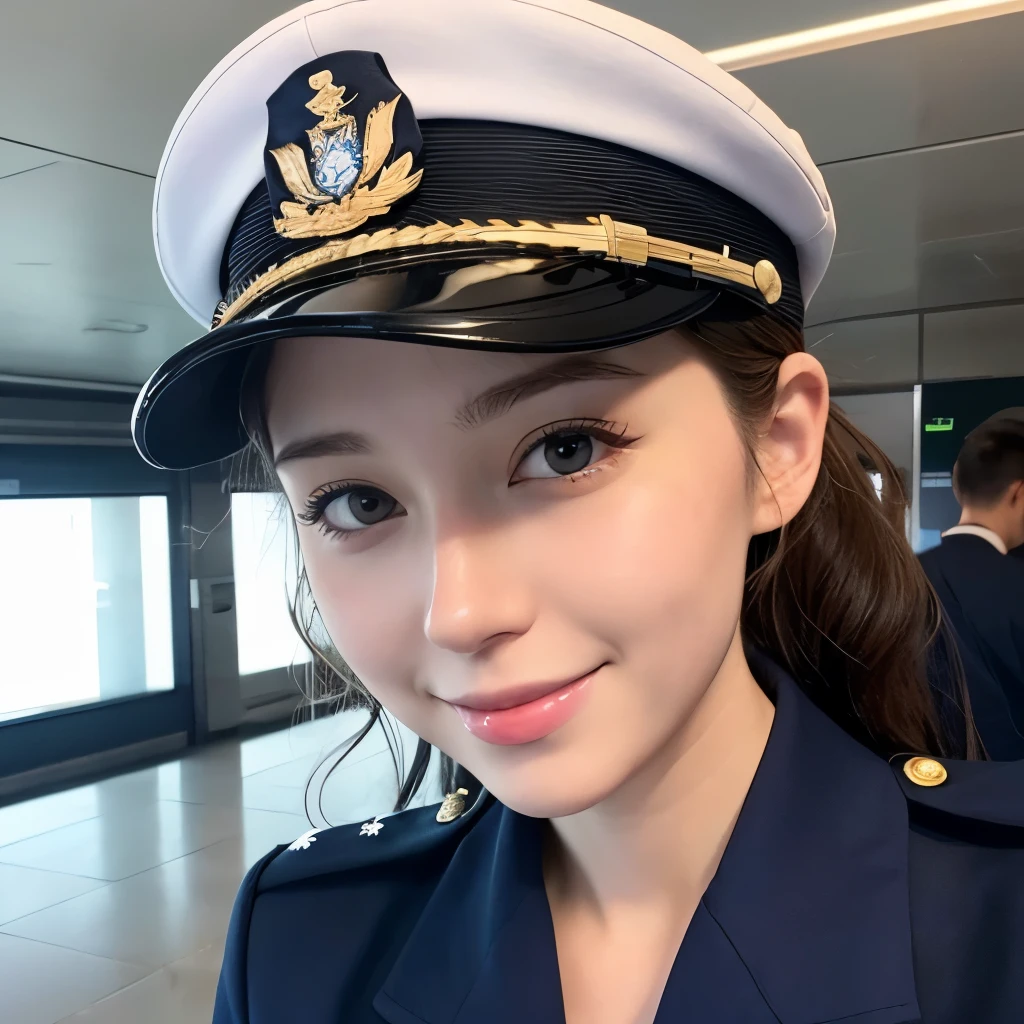 instagram photo, closeup face photo of 23 y.o Chloe in transparant pilot uniform, cleavage, pale skin, (smile:0.4), hard shadows, running, after shower with wet hair, sexy vibe, curly long hair, in airport, pilot hat,inside cabin