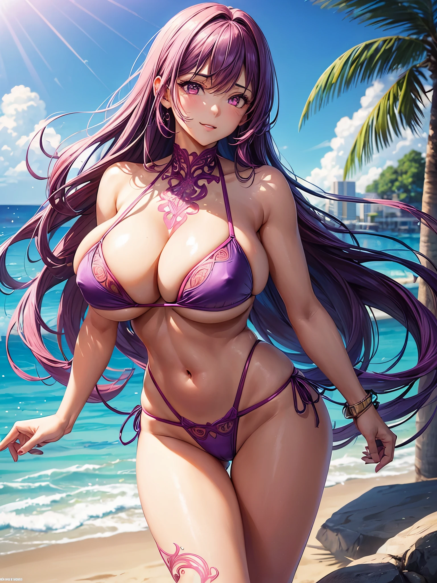 ((highest quality)),(ultra high resolution),(Super detailed),(detailed description),((best CG)),(best work of art),super precision art,amazing drawing art,(Art with precise details:1.5), (1 adult female:1.5),(beautiful and well-shaped face:1.5),smile:1.5,(bright pink eyes:1.5),(Violet hair swaying in the wind:1.6),(A flashy high-leg bikini swimsuit with intricate details:1.6),(big breasts:1.6),side boob:1.4 underboob:1.4,toned body:1.3,thin waist:1.3,Beautiful leg lines:1.5, (A detailed and detailed beach resort:1.4),Sunlight pouring down:1.4,breeze:1.3,