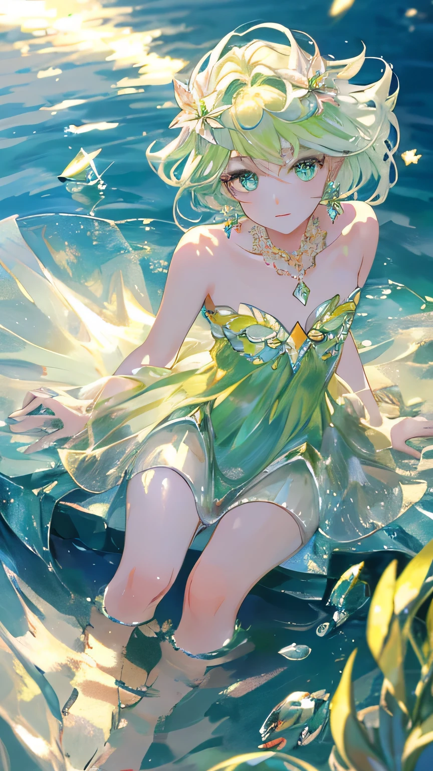 masterpiece, highest quality, shape, peridot eyes and hair, platinum earrings, platinum necklace, Sea, The Little Mermaid, cute, (dynamic lighting:1.2), cinematic lighting, delicate features, fine eyes, sharp pupils, realistic student, written boundary depth, Bokeh, sharp focus, (very detailed, bloom, shine:1.4), lots of little gems